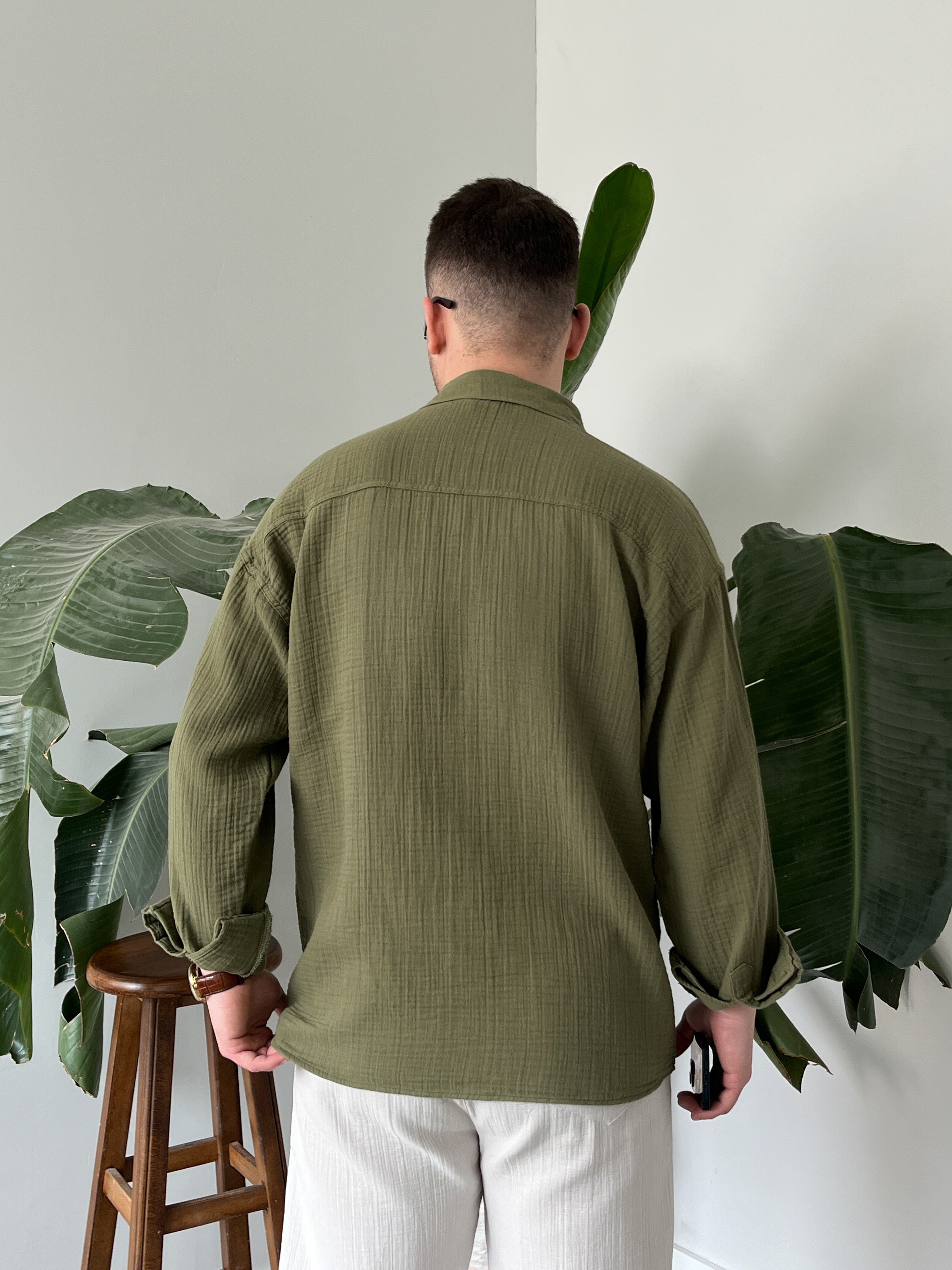 Haki Müslin Dokulu Oversize Gömlek