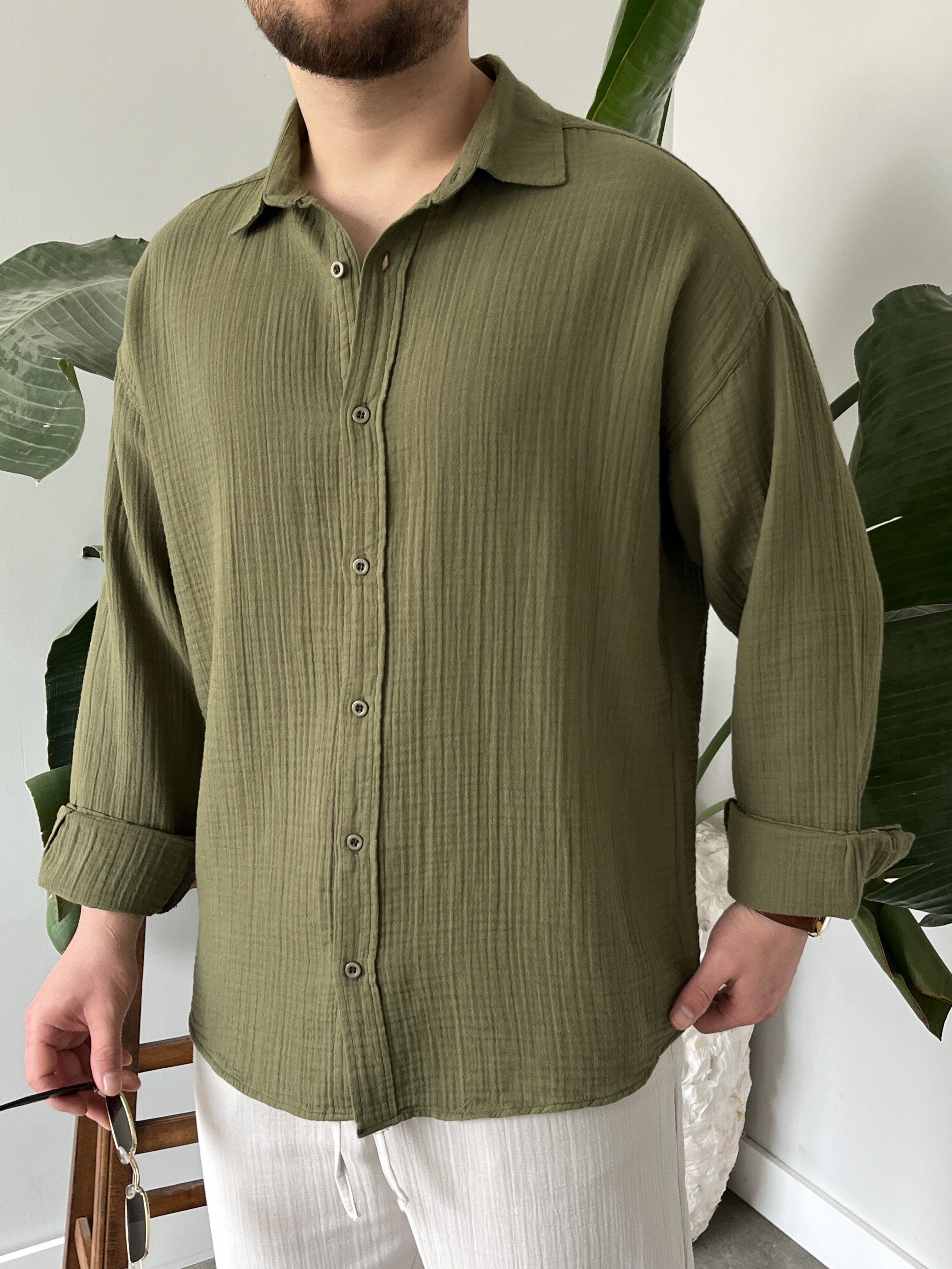 Haki Müslin Dokulu Oversize Gömlek