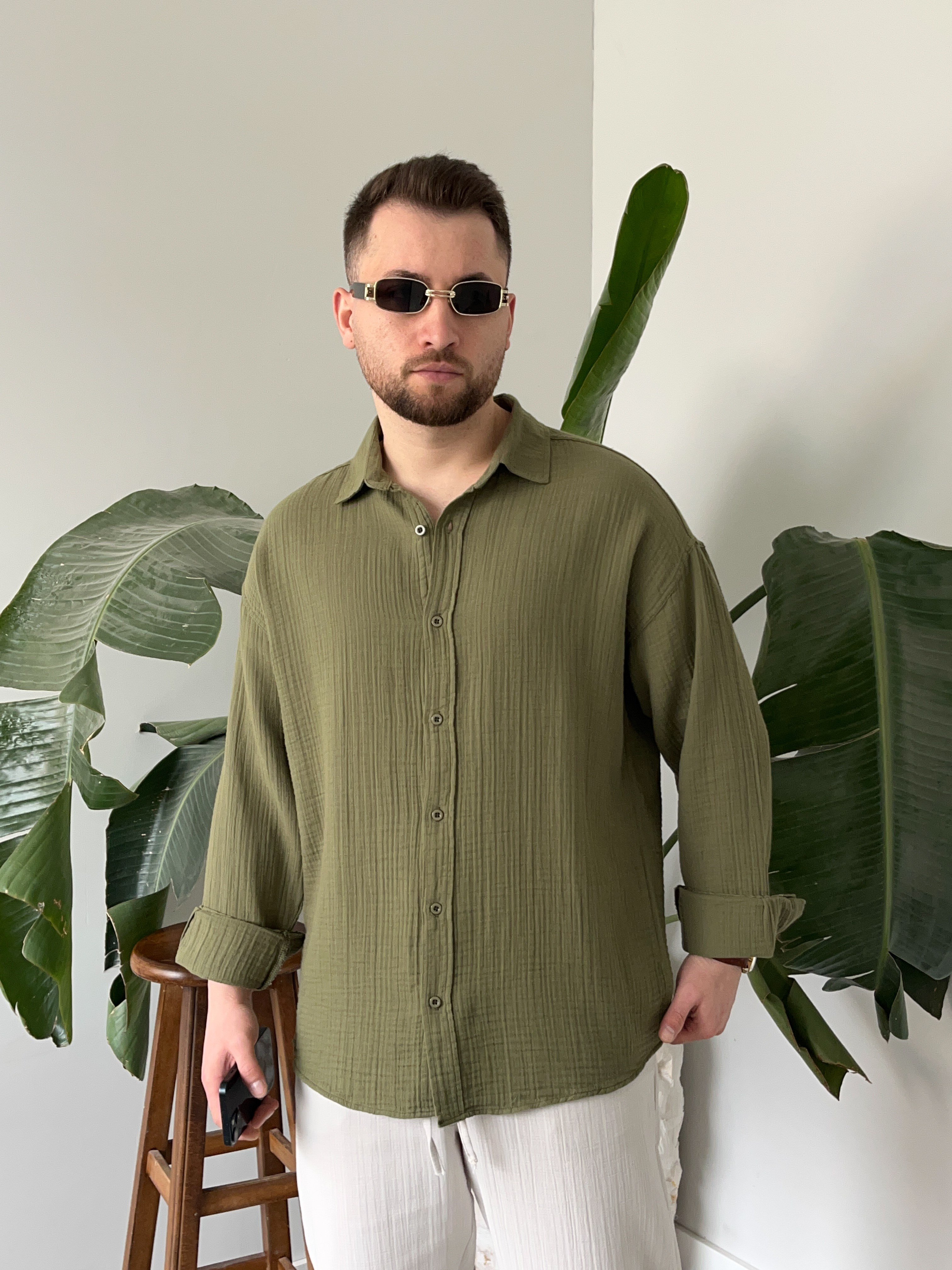 Haki Müslin Dokulu Oversize Gömlek