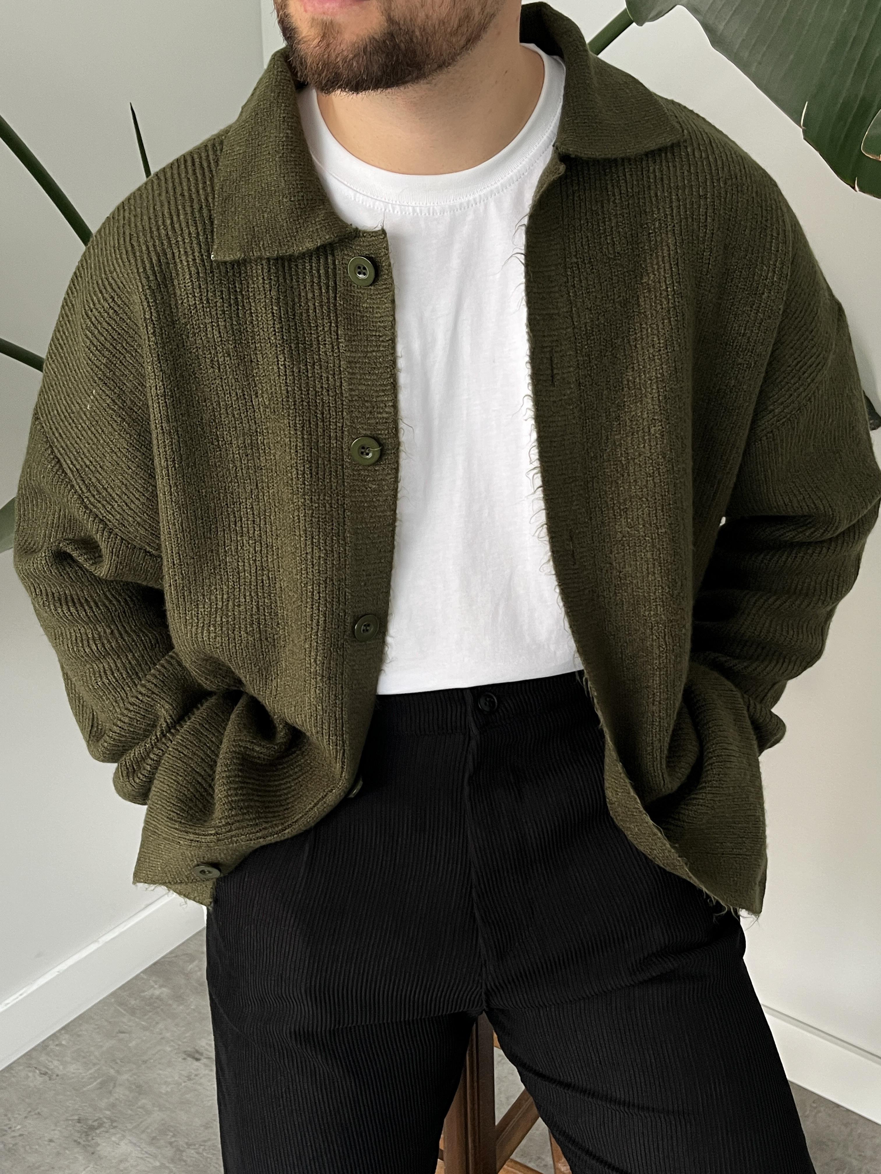 Haki Örme Düğmeli Polo Yaka Oversize Hırka