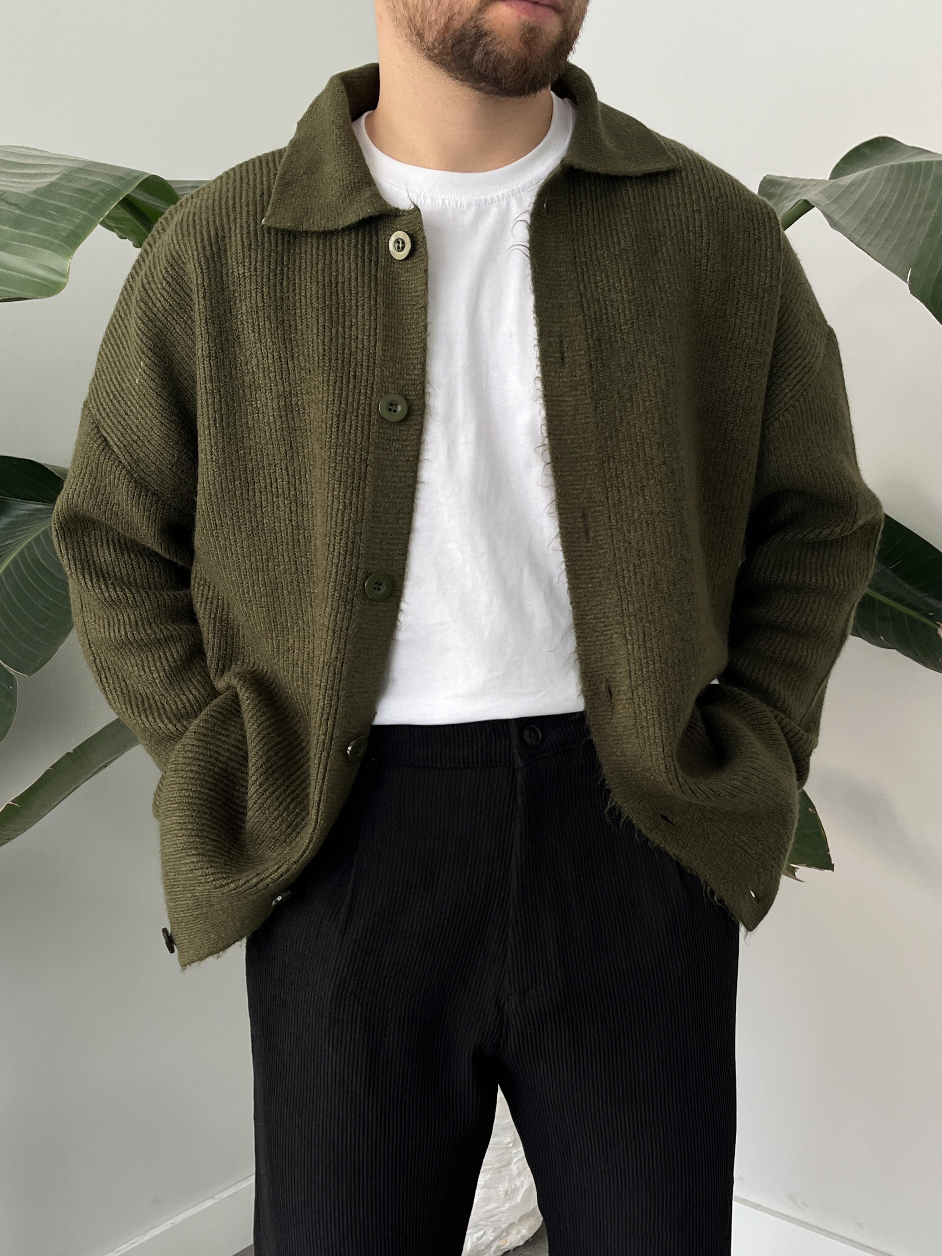 Haki Örme Düğmeli Polo Yaka Oversize Hırka