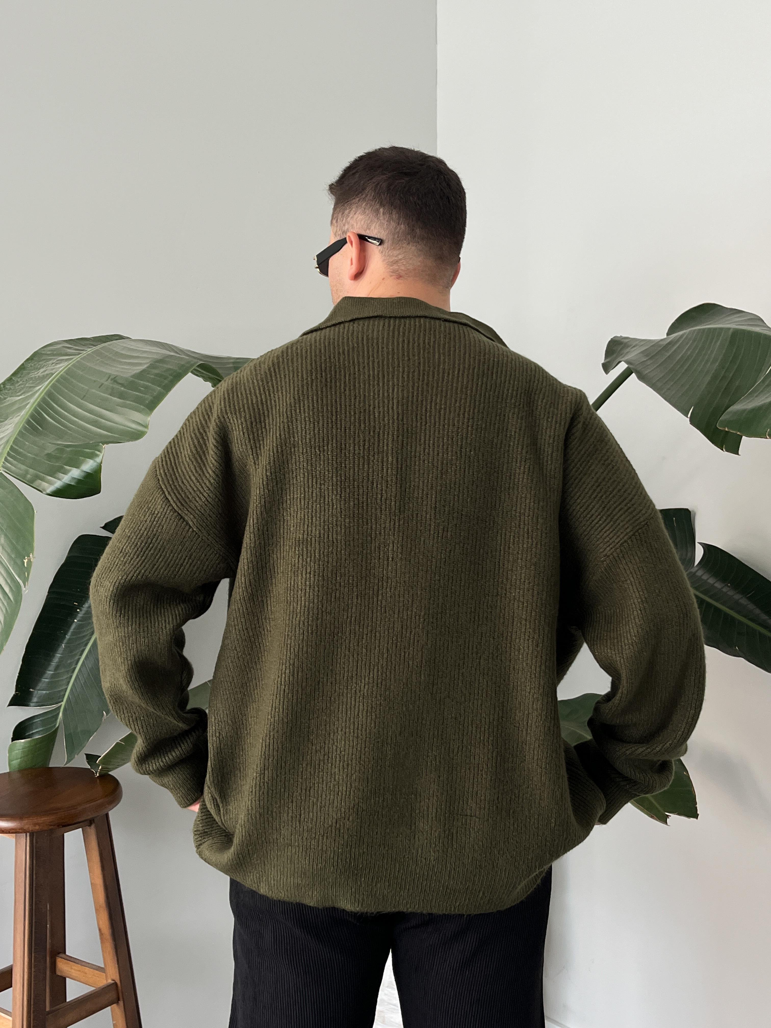 Haki Örme Düğmeli Polo Yaka Oversize Hırka