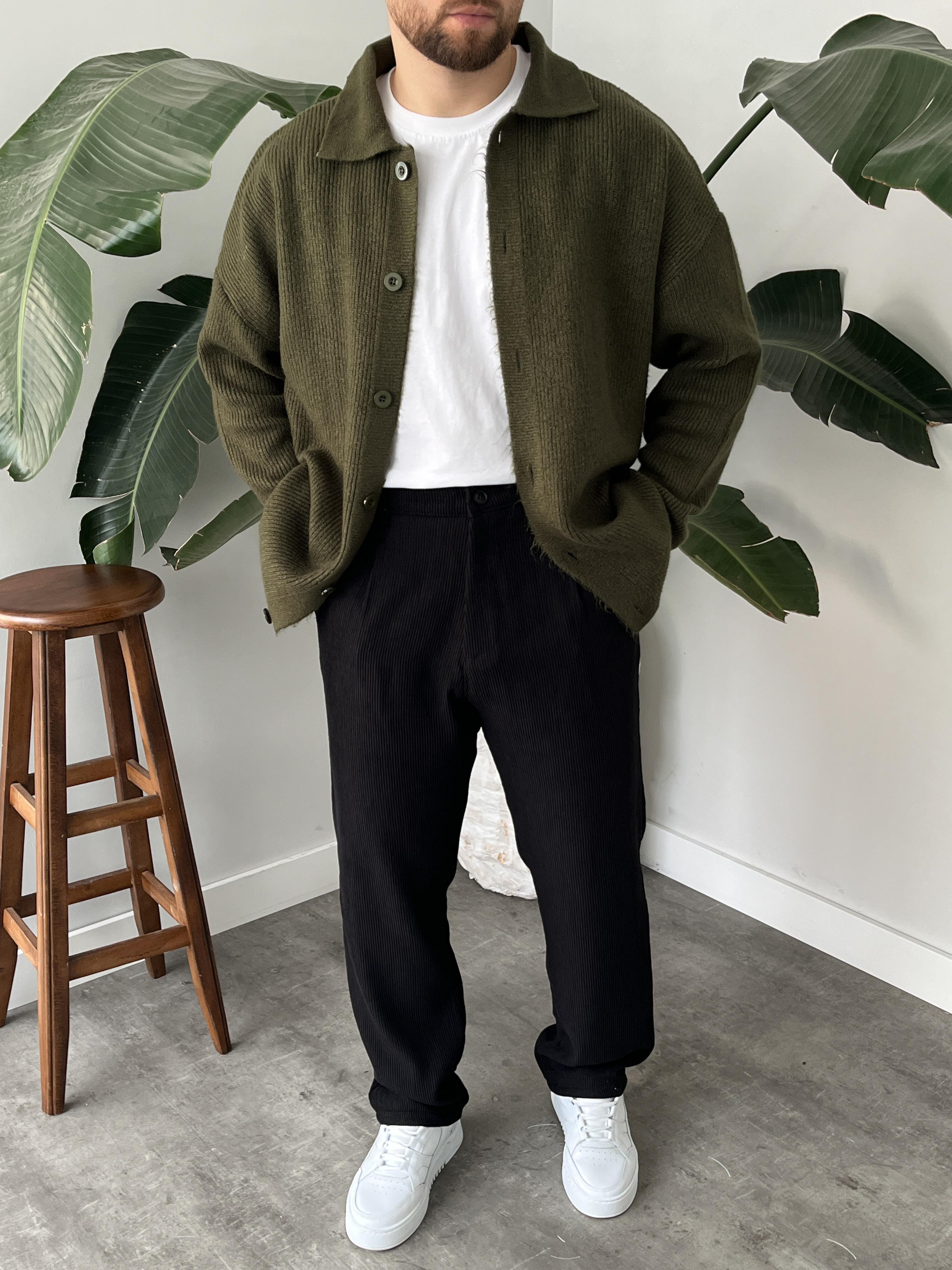 Haki Örme Düğmeli Polo Yaka Oversize Hırka