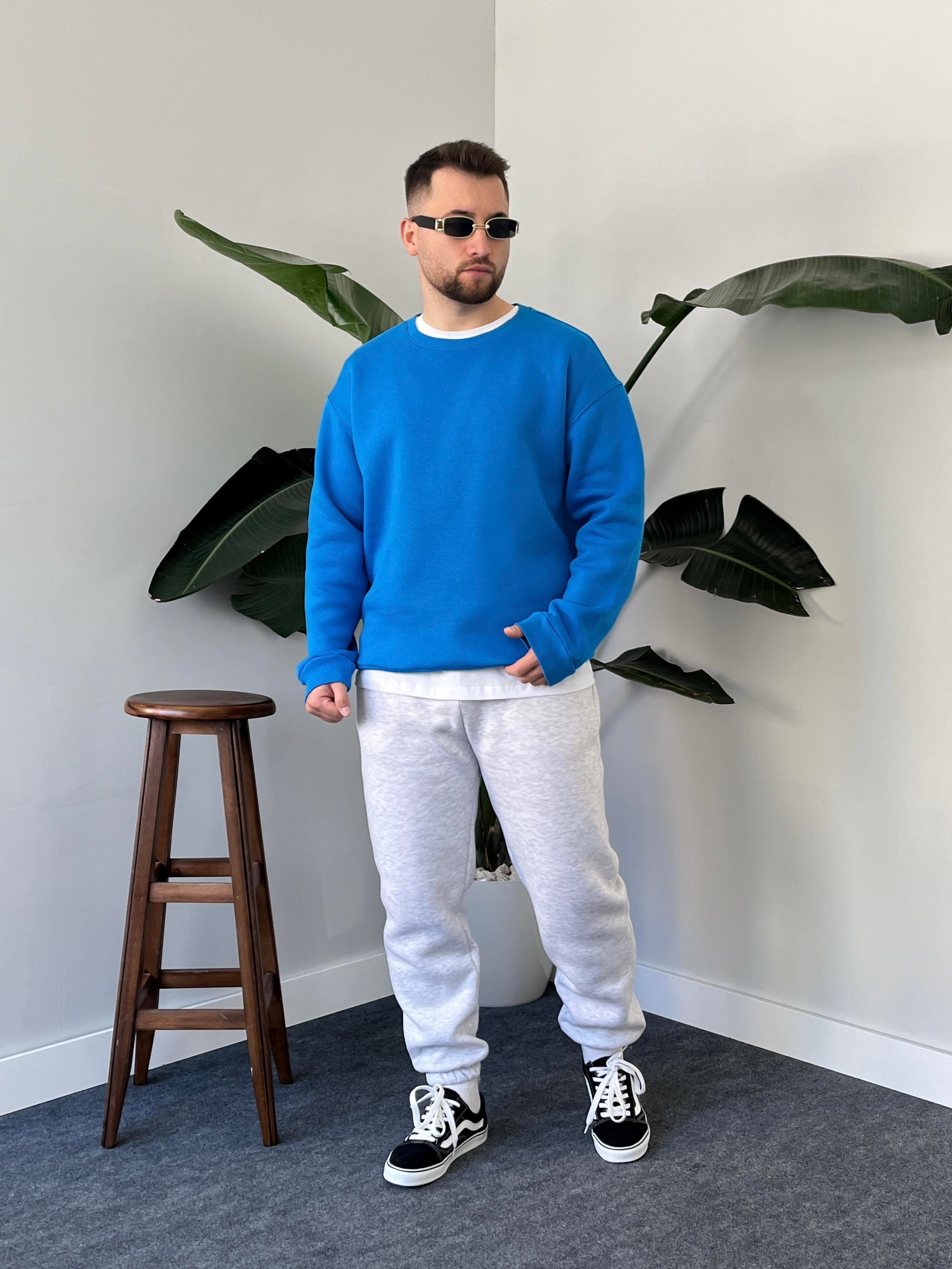İndigo Üç İplik Şardonlu Basic Sweatshirt
