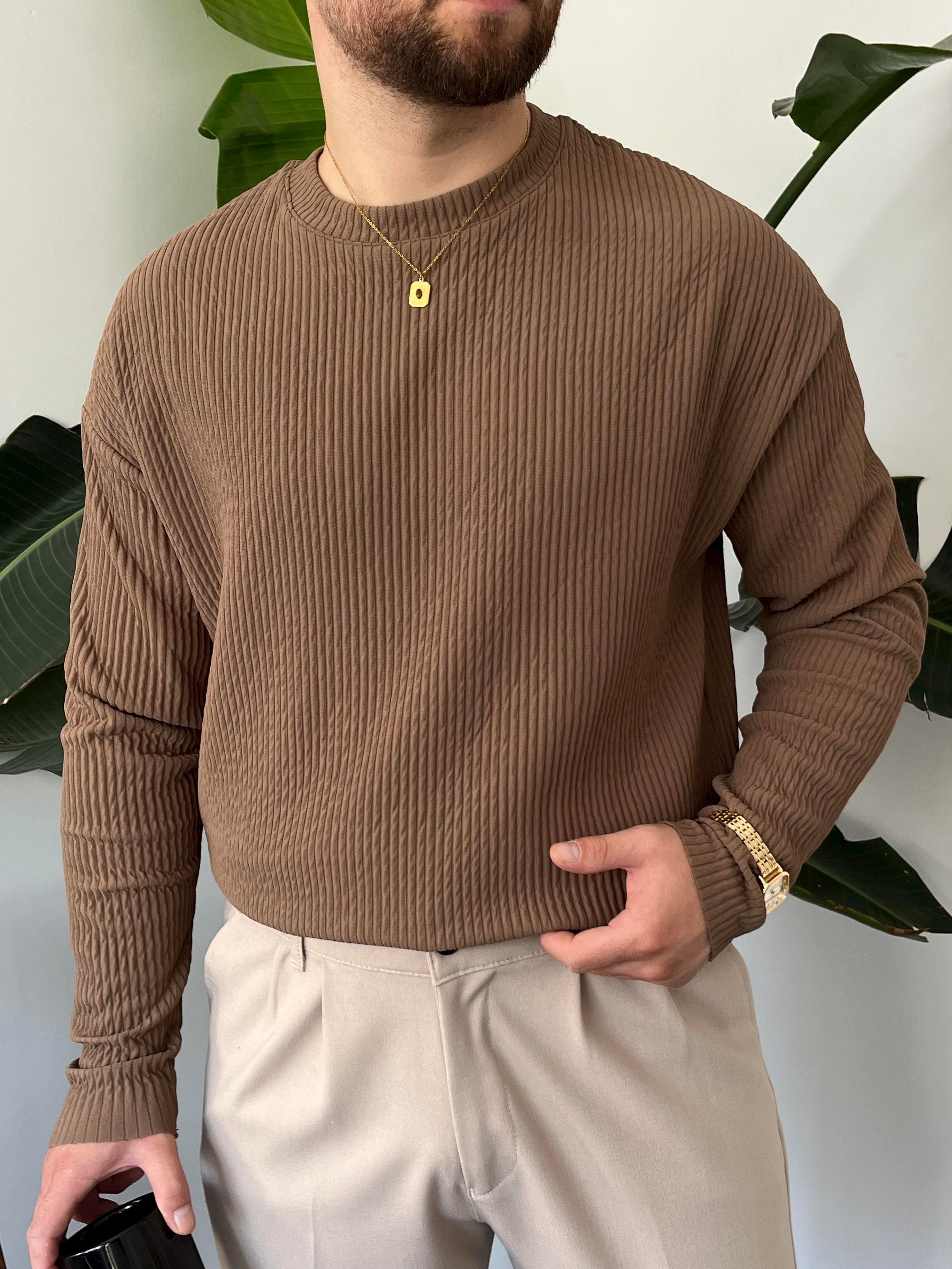 Kahve Fitilli Bisiklet Yaka Triko Sweat