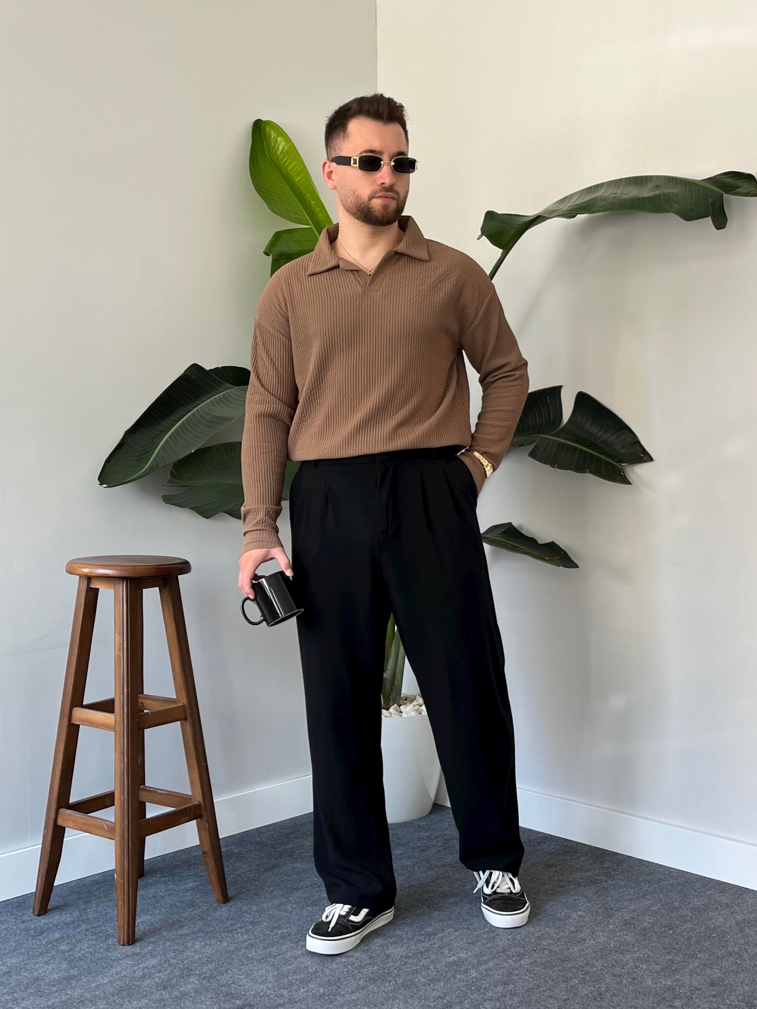 Kahve Fitilli Polo Yaka Triko Sweat