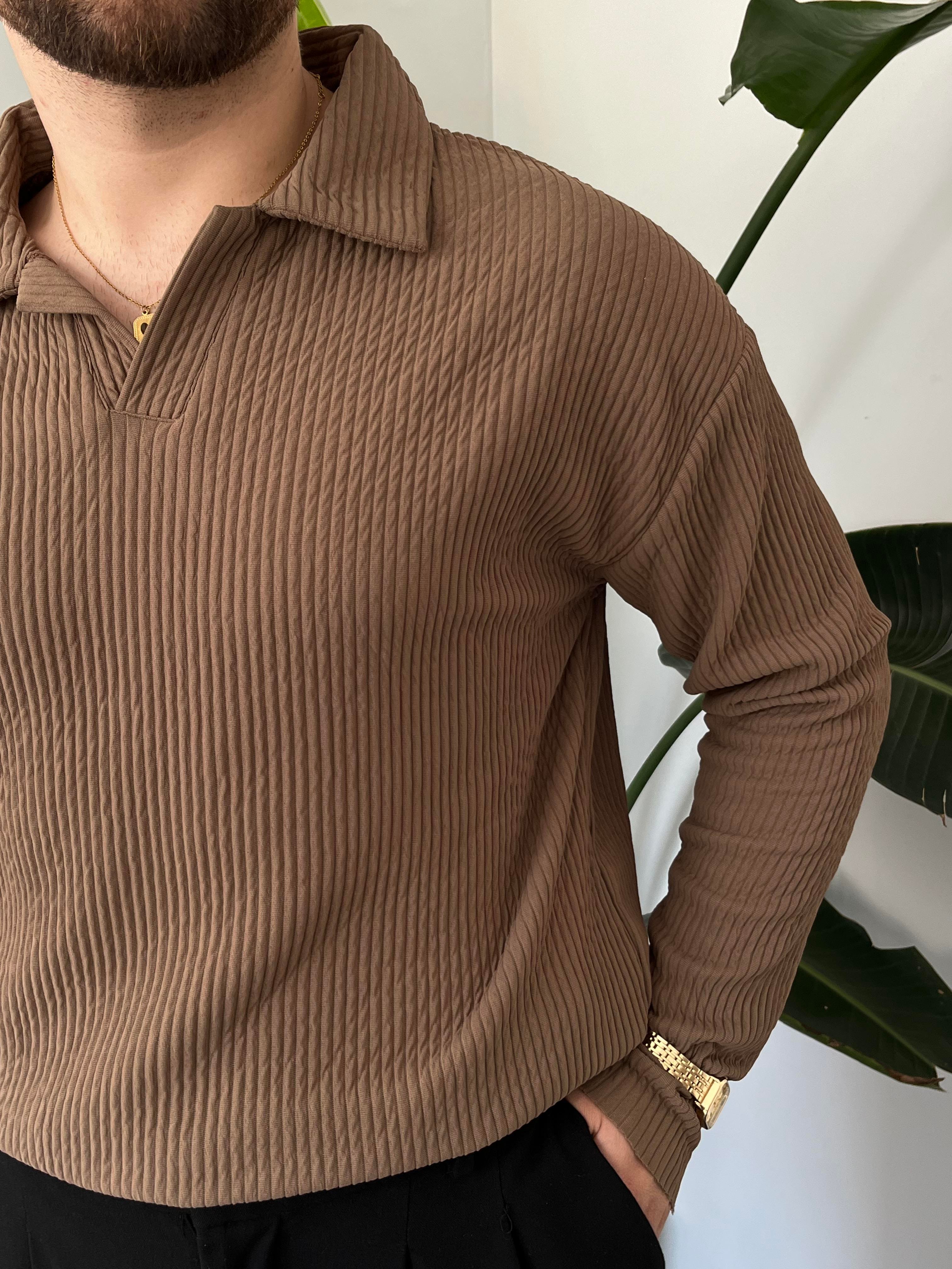 Kahve Fitilli Polo Yaka Triko Sweat