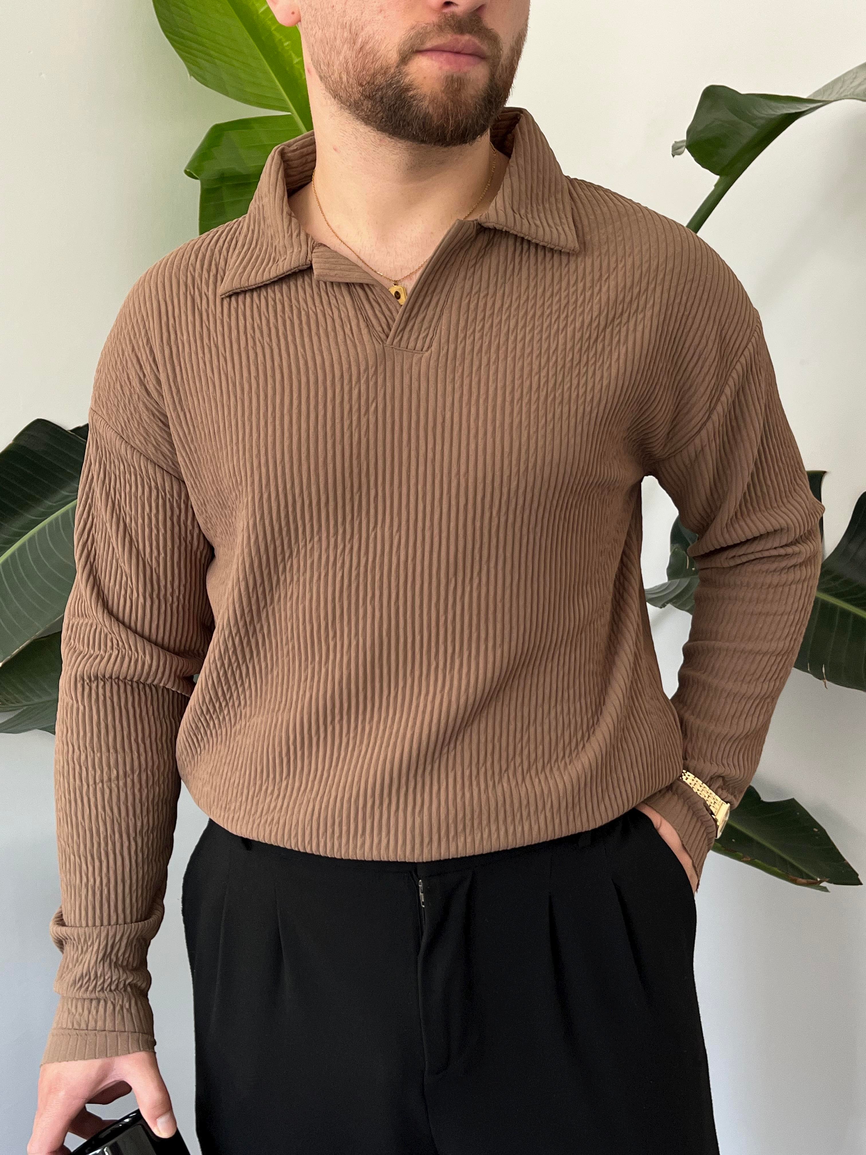 Kahve Fitilli Polo Yaka Triko Sweat