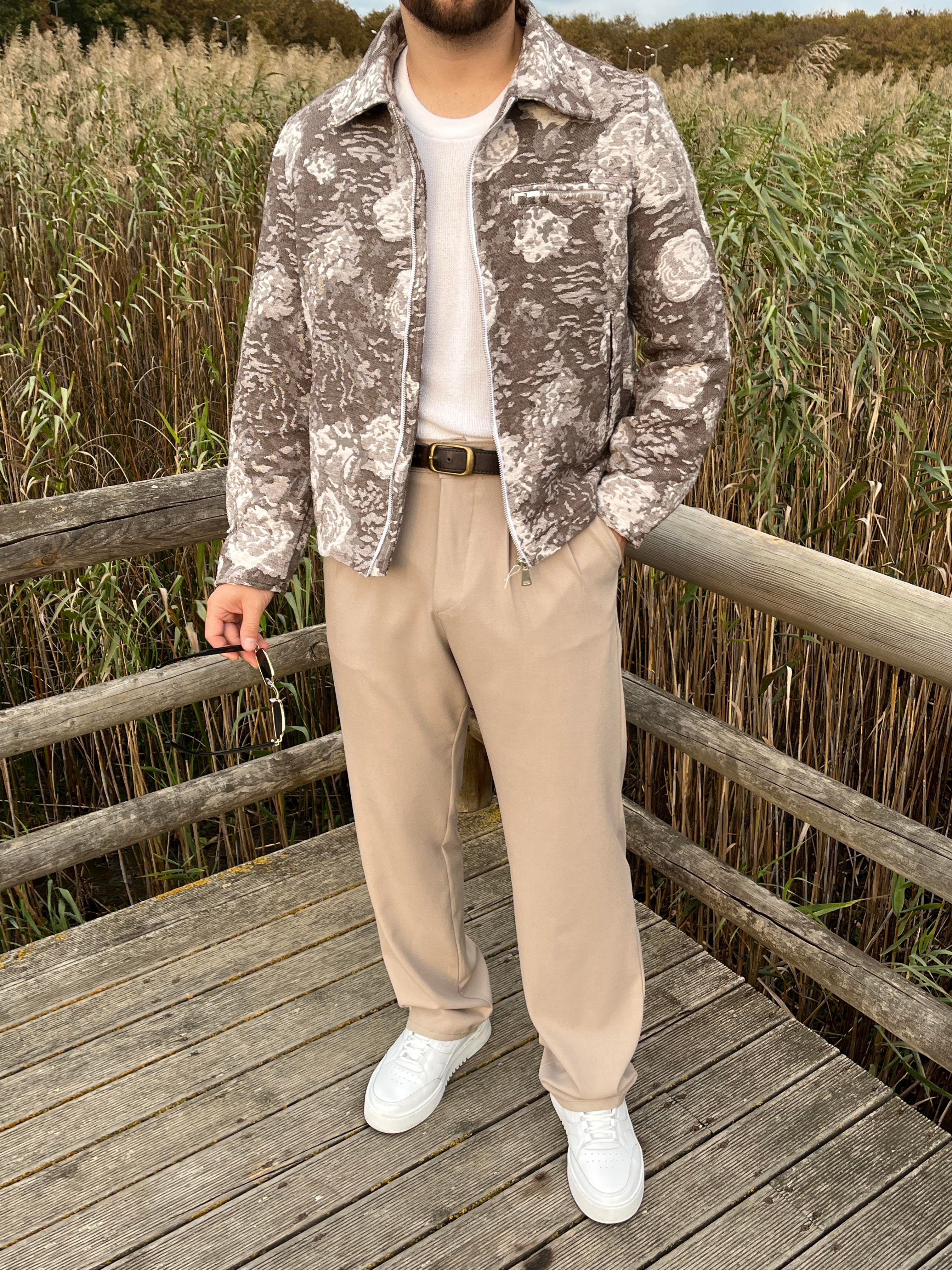 Kahve Rose Pattern Boxy Fit Ceket