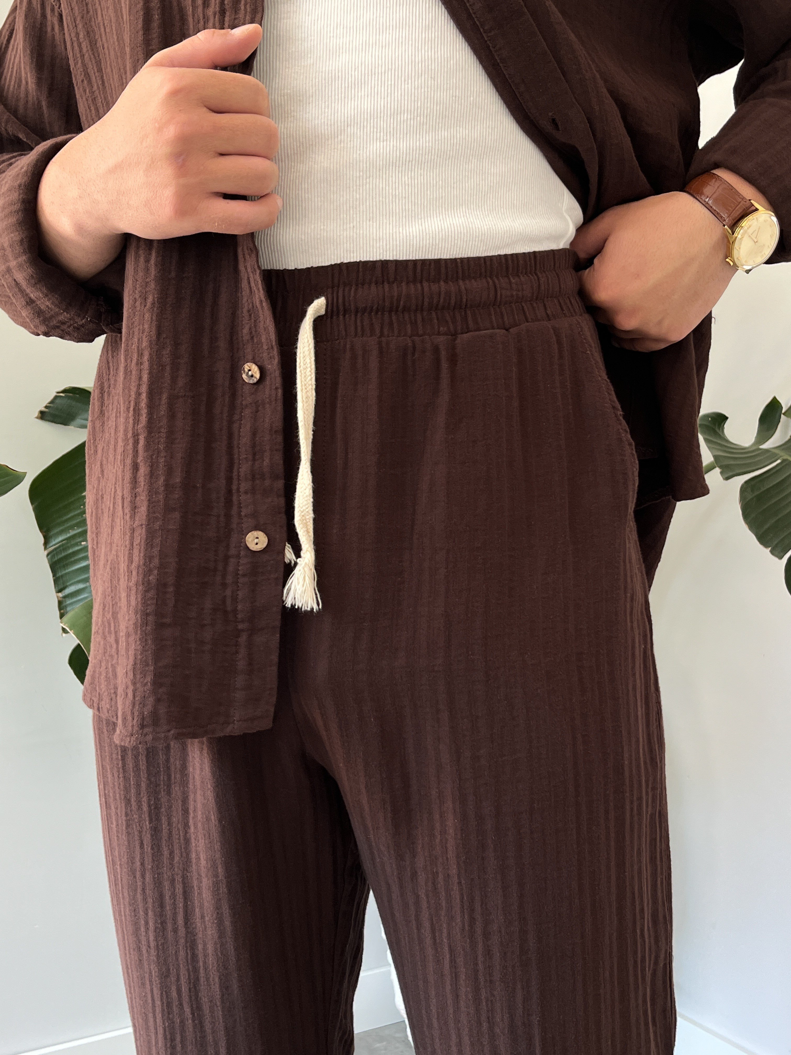 Kahverengi Armürlü Müslin Oversize Takım