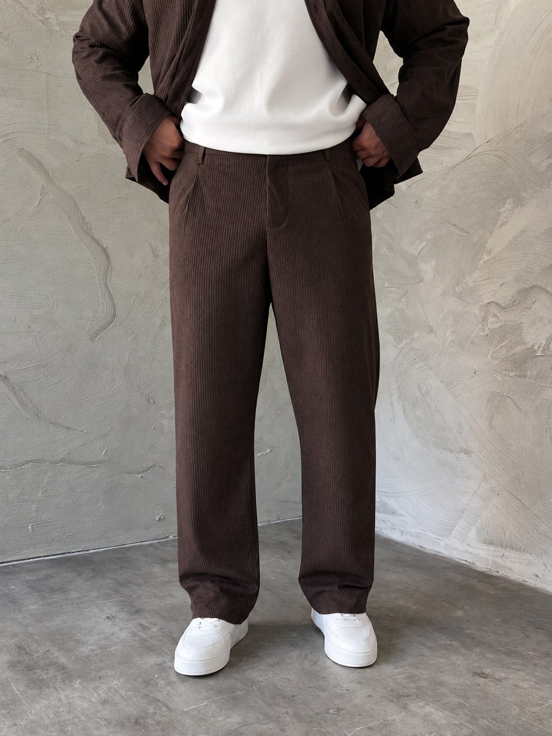 Kahverengi Boxy Fit Fitilli Kadife Takım