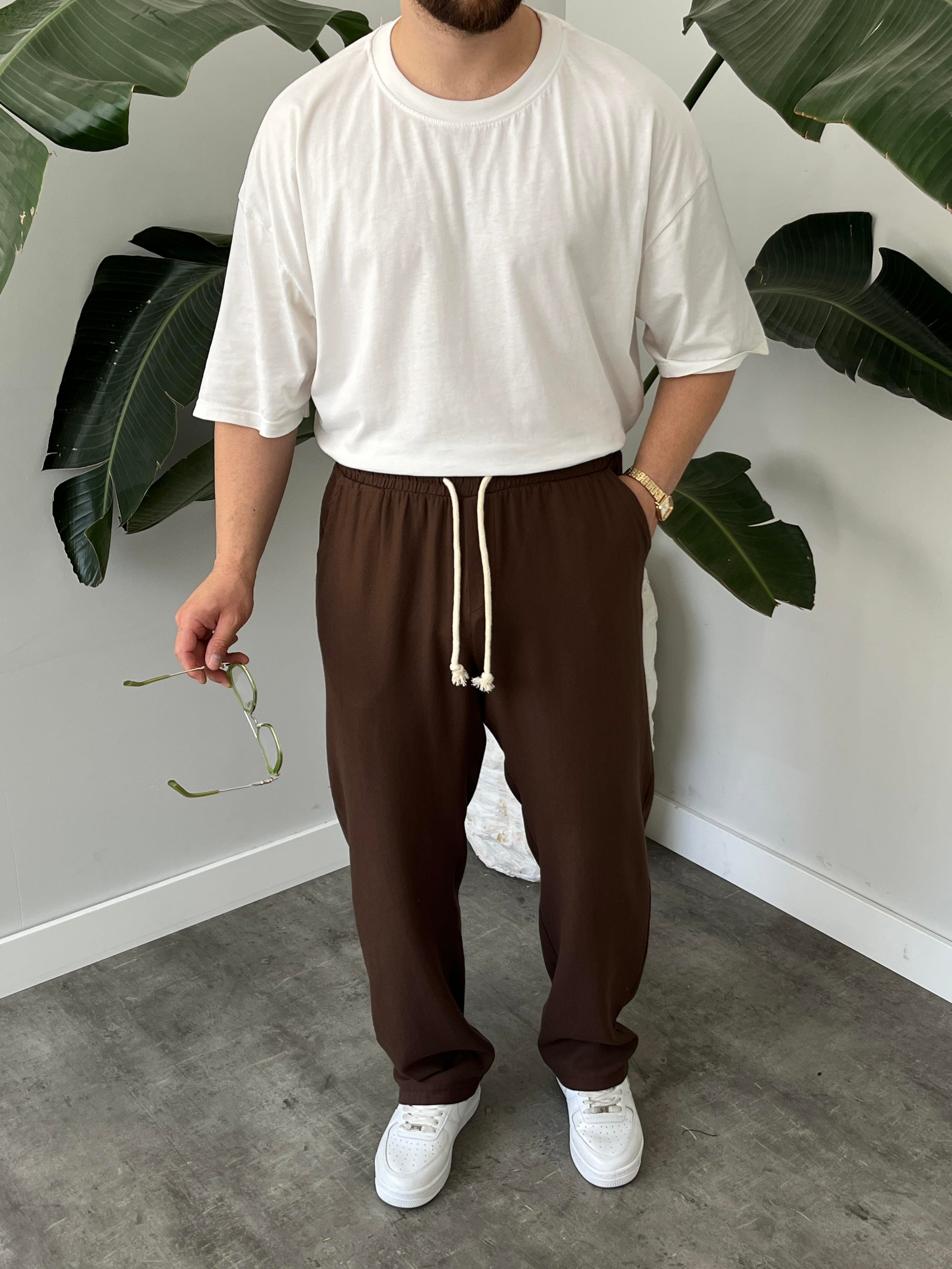 Kahverengi Burgu Bağcık Detaylı Pamuk Keten Relax Fit Pantolon