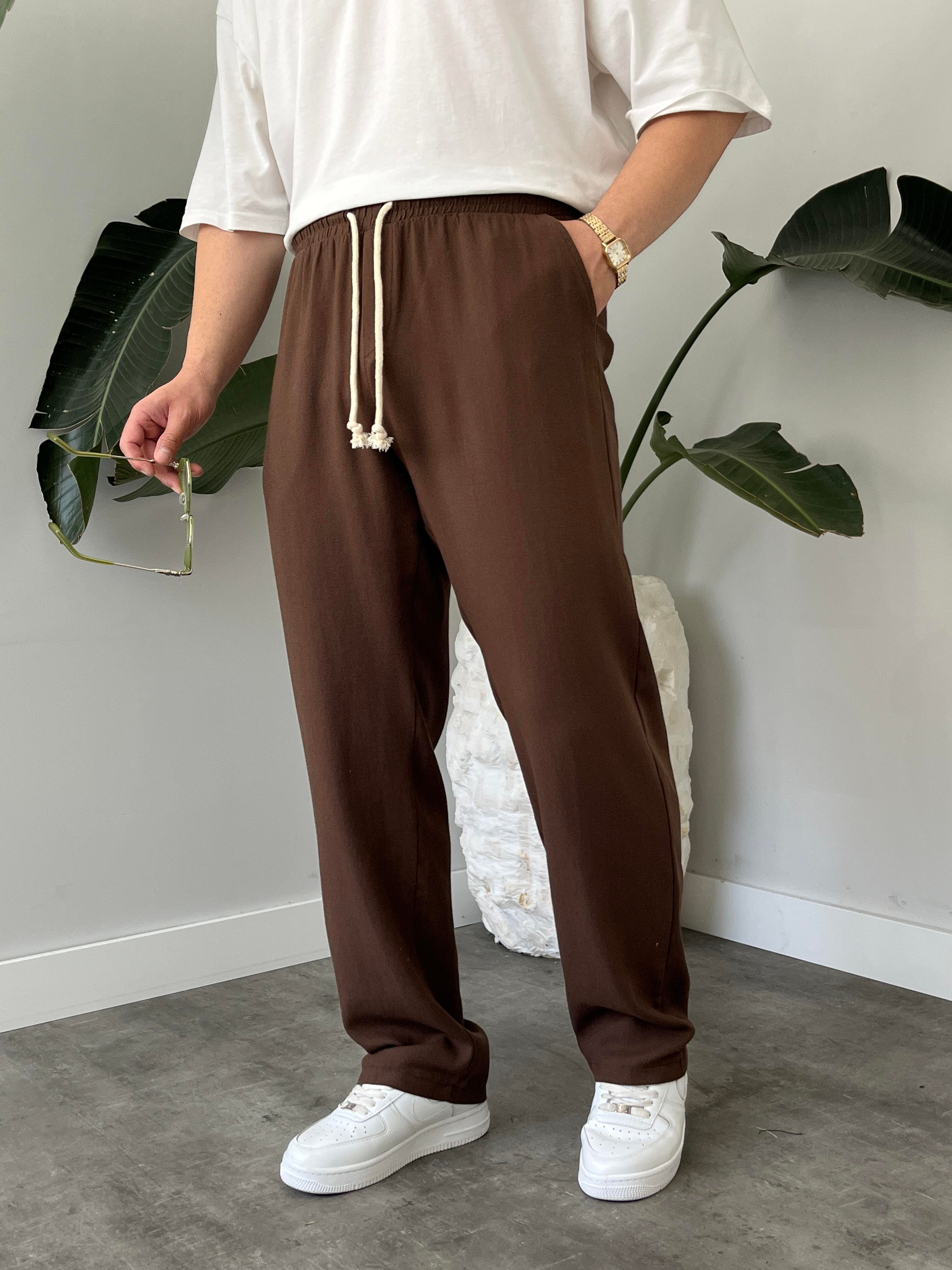Kahverengi Burgu Bağcık Detaylı Pamuk Keten Relax Fit Pantolon