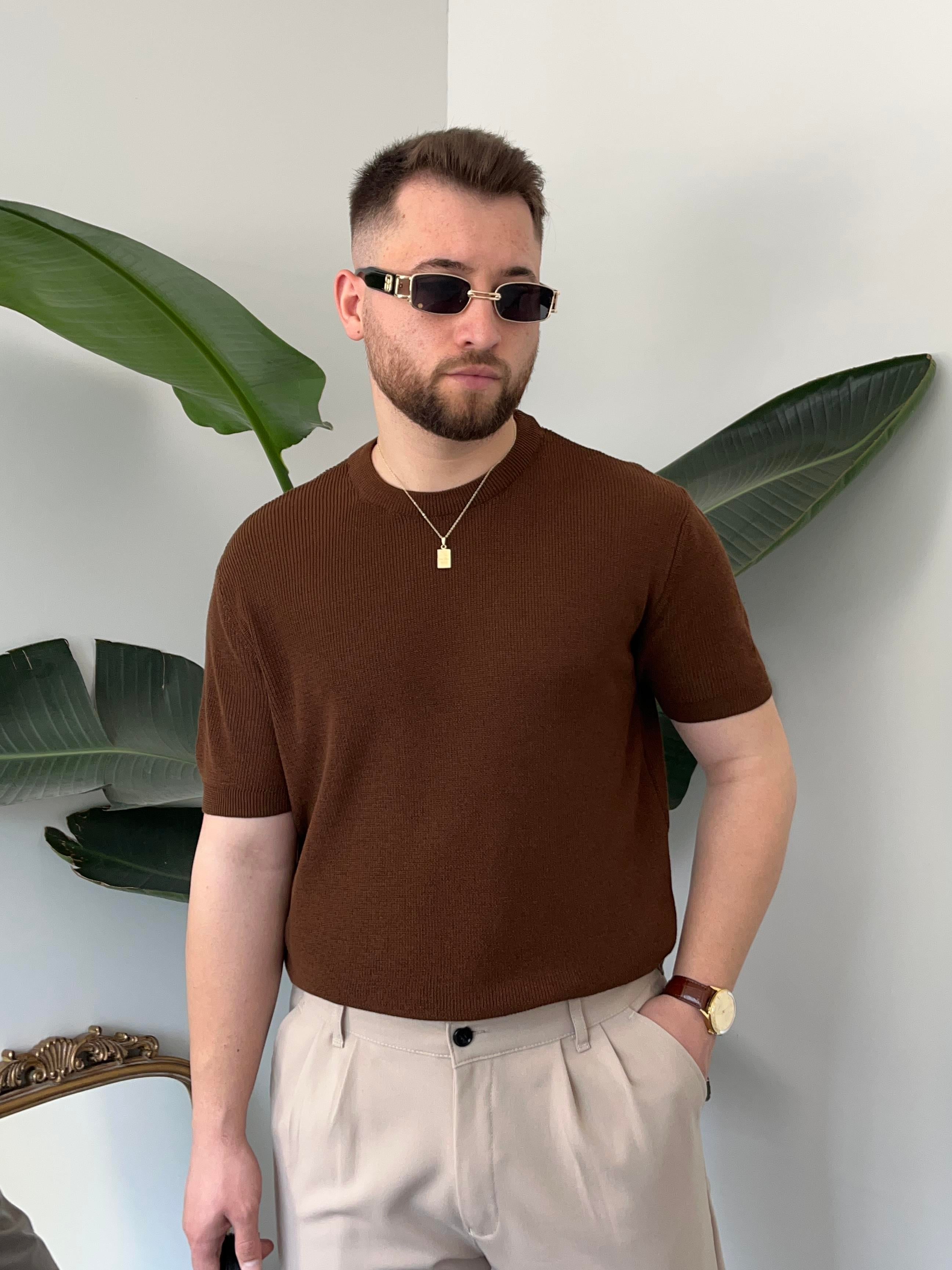 Kahverengi Casual Örme Triko T-shirt