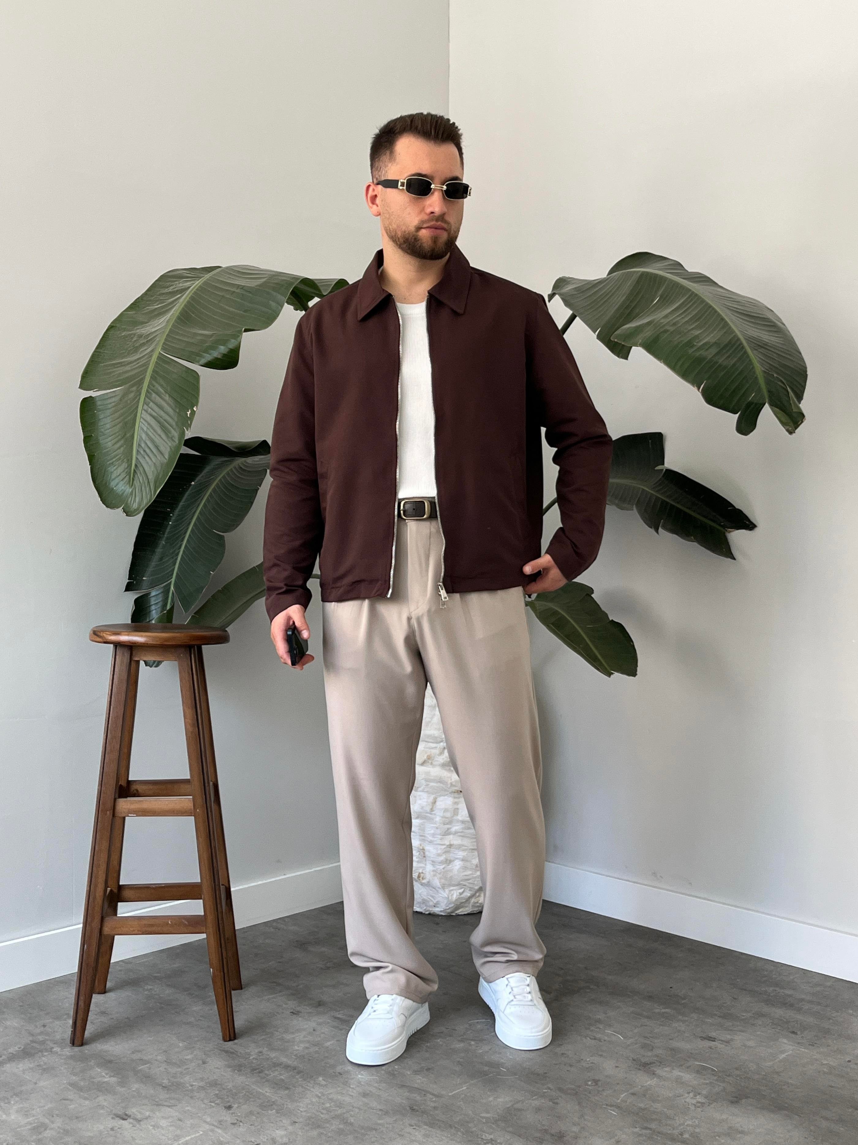 Kahverengi Çift Yön Fermuar Boxy Fit Casual Ceket