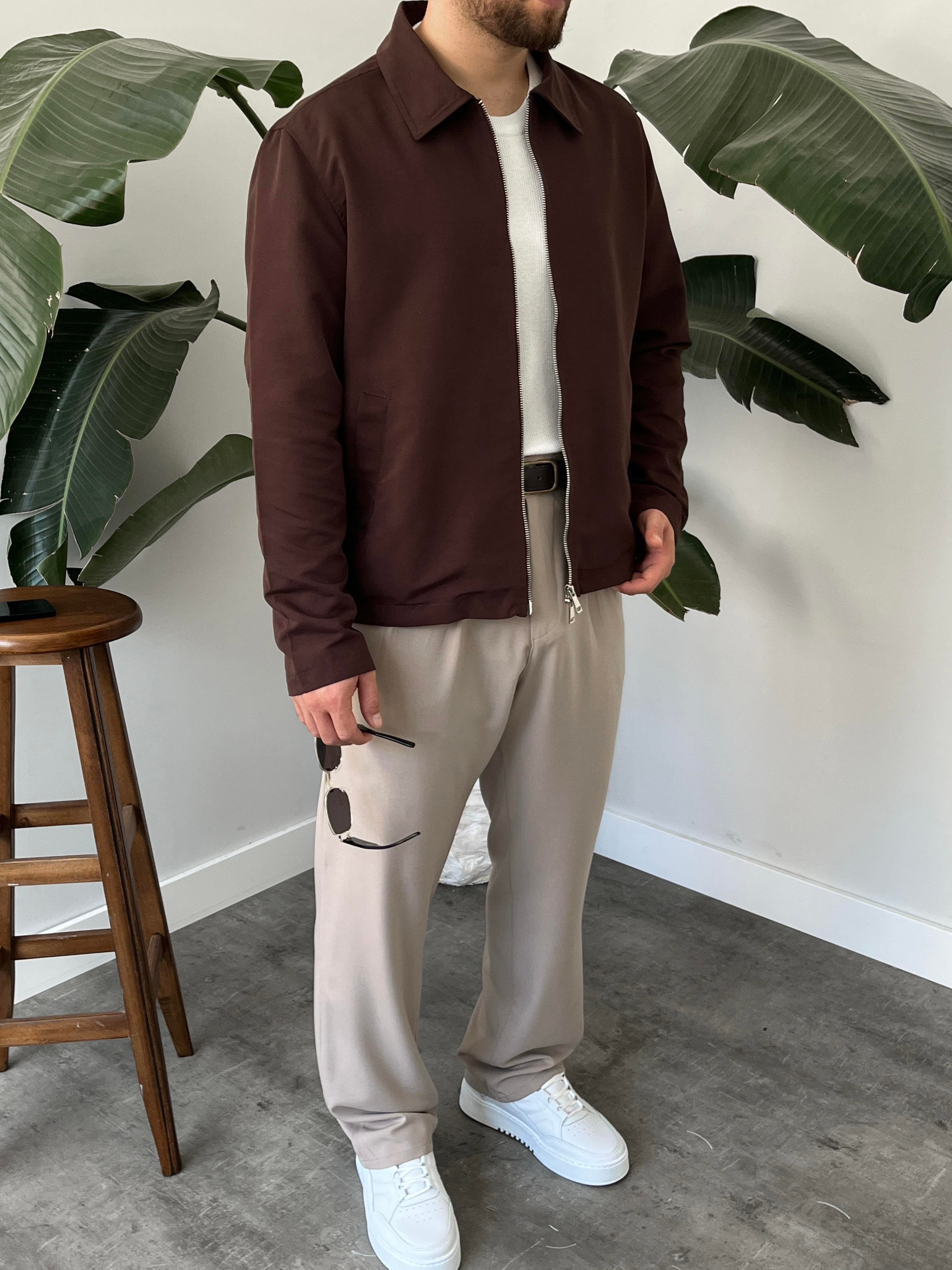 Kahverengi Çift Yön Fermuar Boxy Fit Casual Ceket