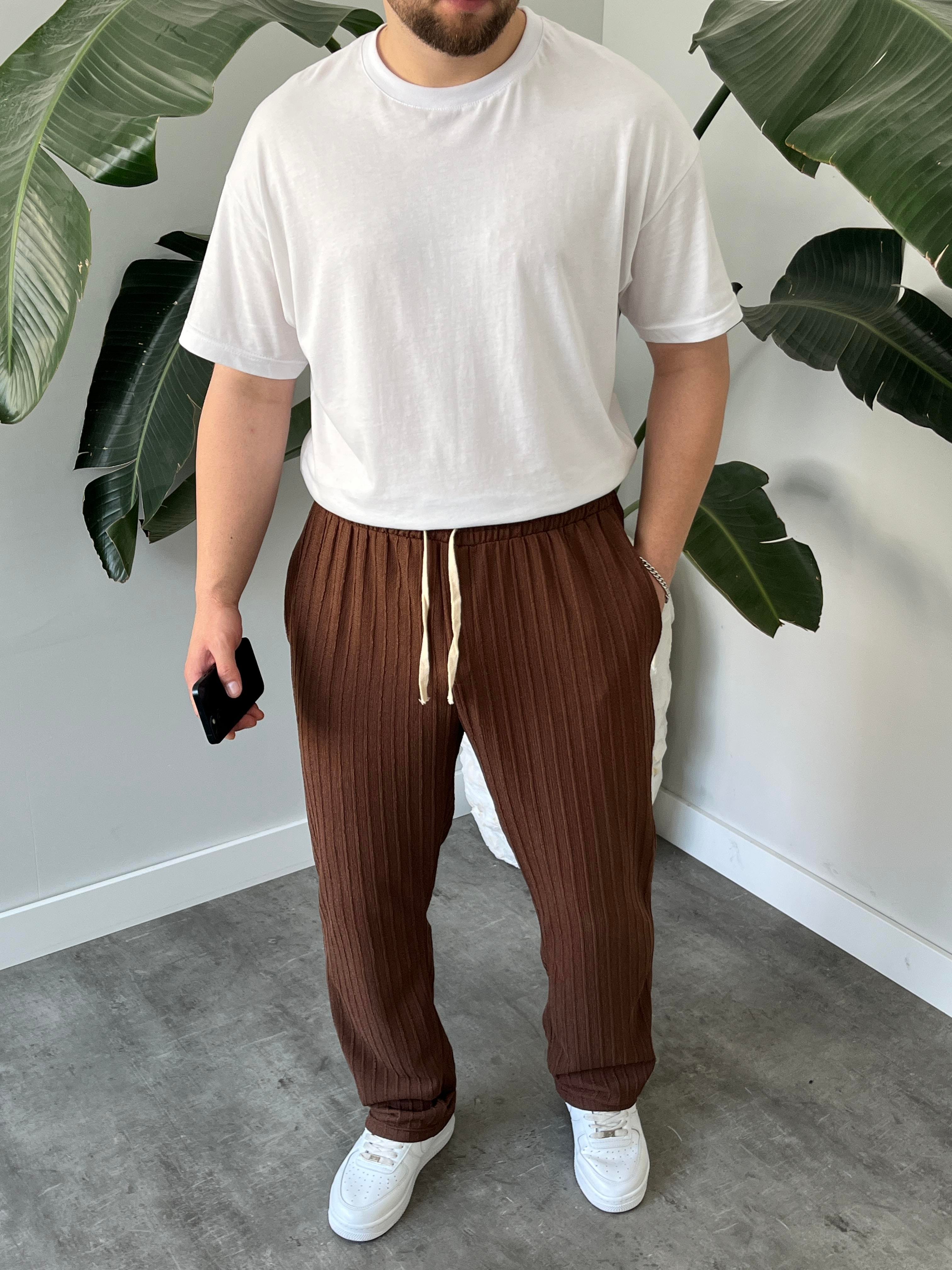 Kahverengi Çizgi Desenli Bağcık Detaylı Baggy Pantolon
