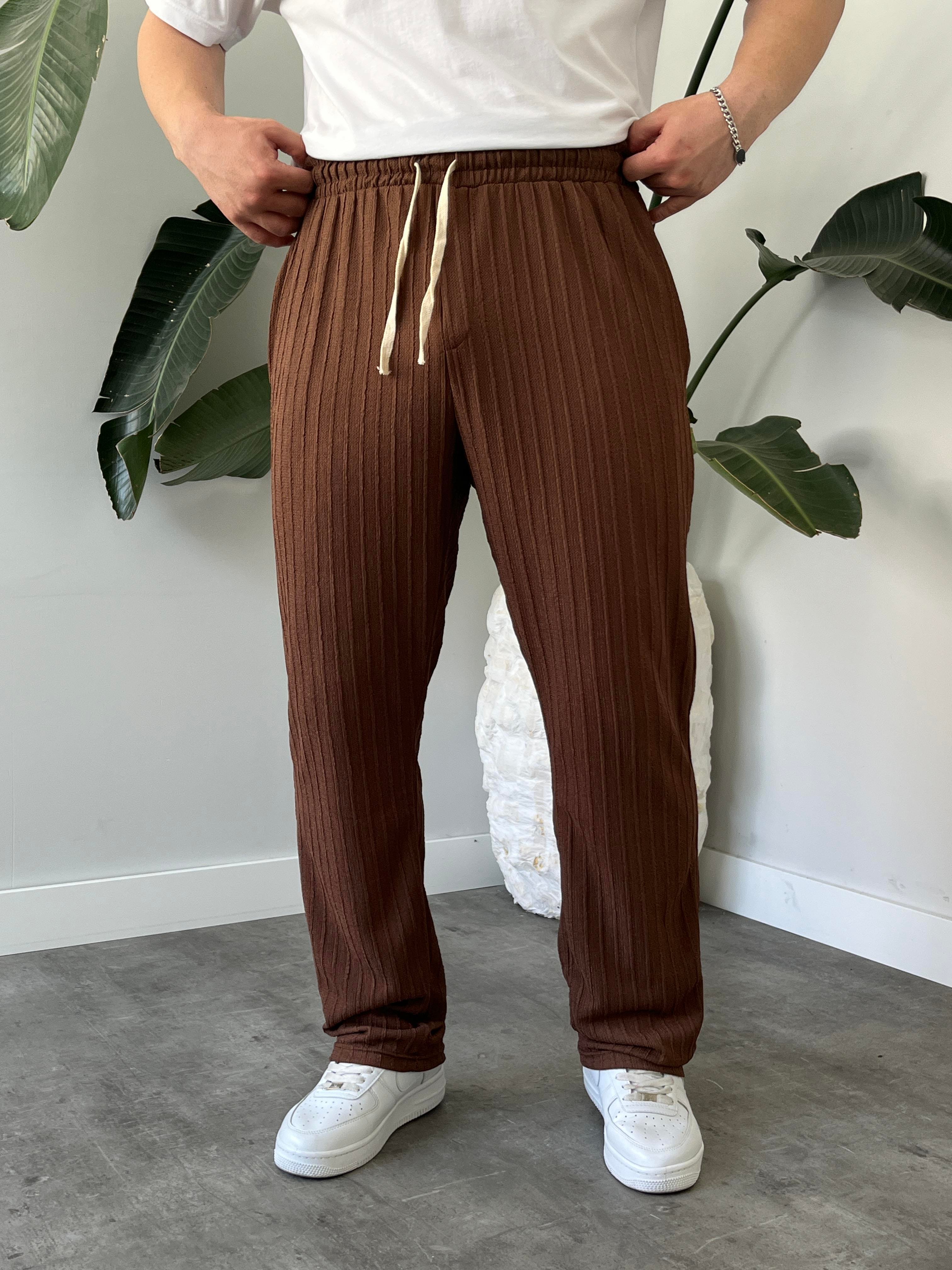 Kahverengi Çizgi Desenli Bağcık Detaylı Baggy Pantolon