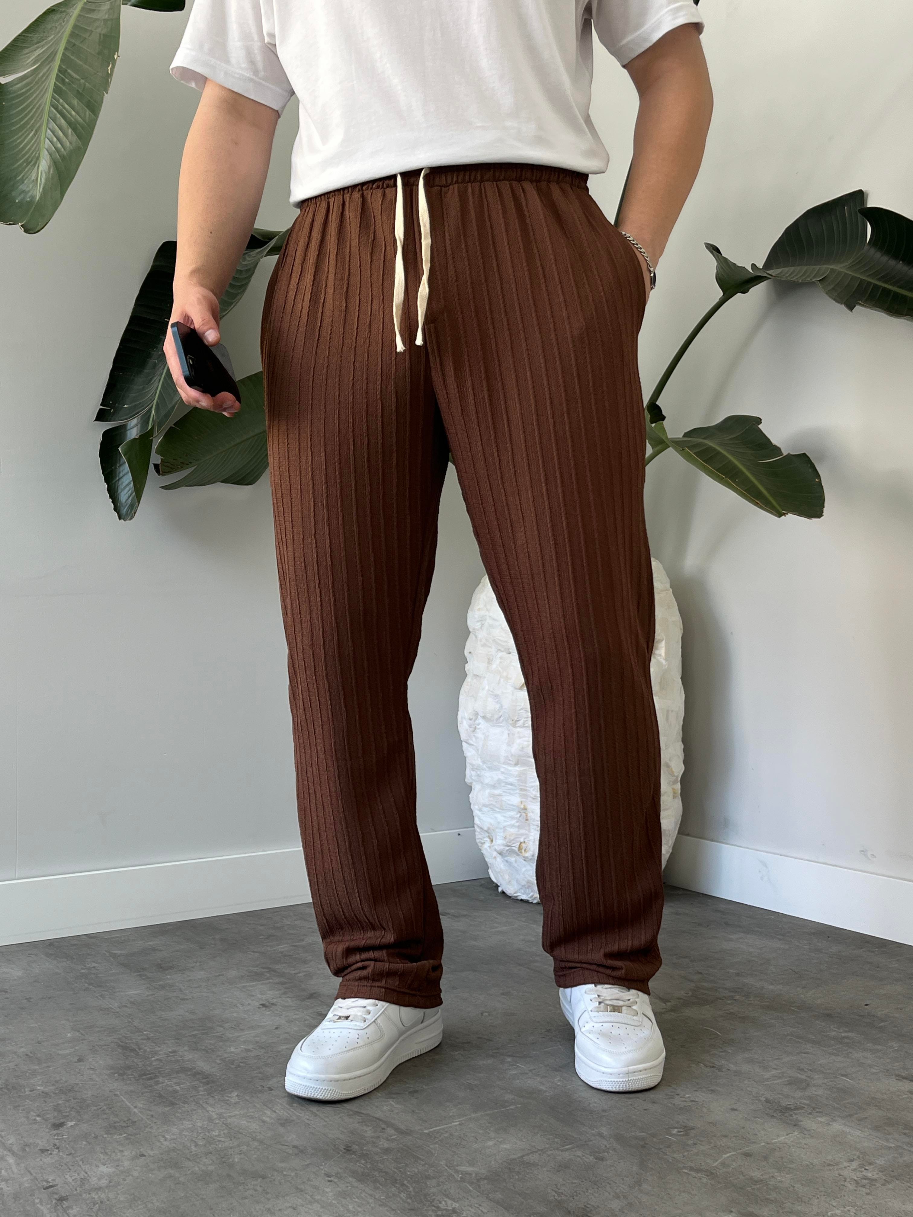 Kahverengi Çizgi Desenli Bağcık Detaylı Baggy Pantolon