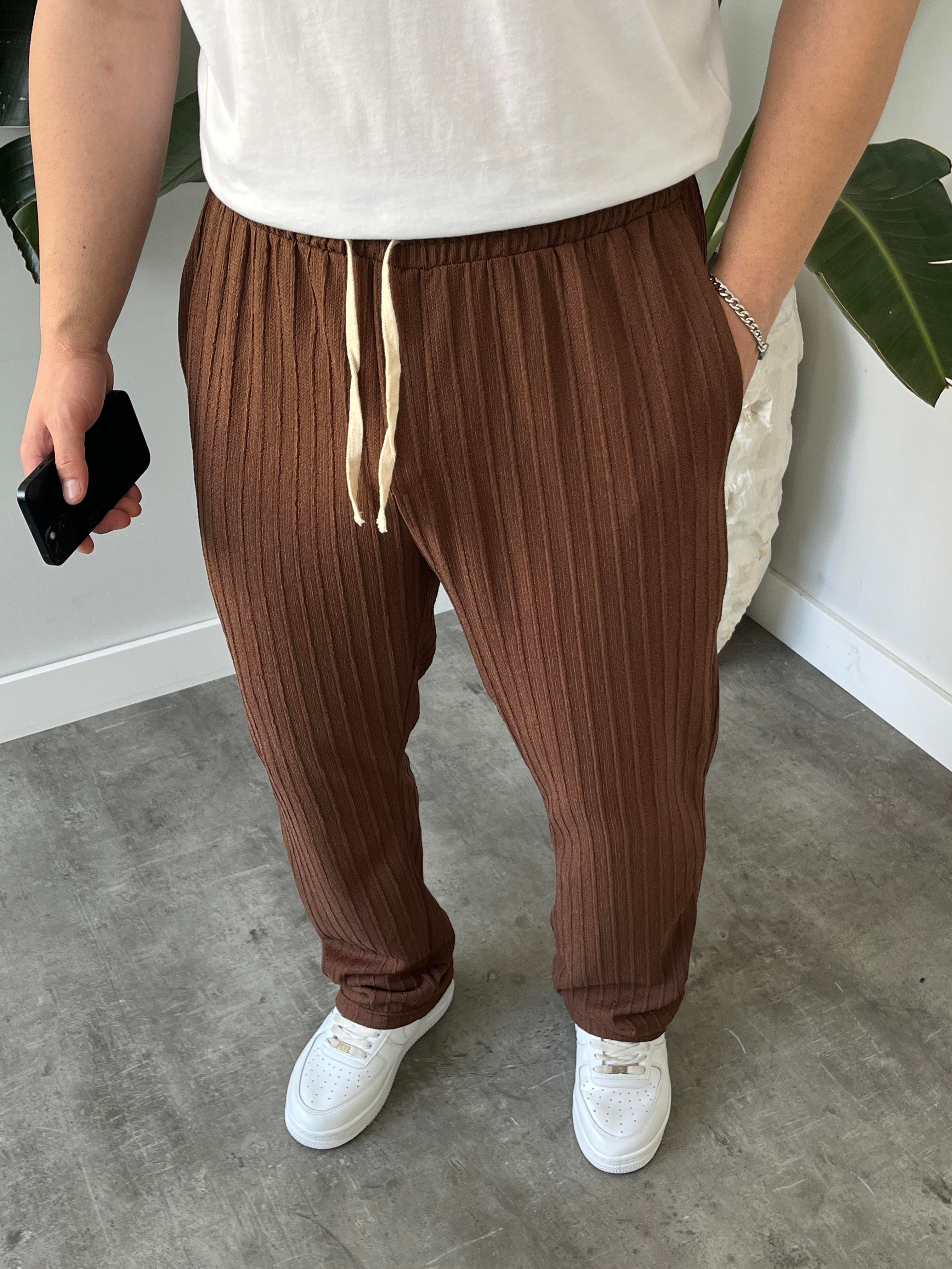 Kahverengi Çizgi Desenli Bağcık Detaylı Baggy Pantolon