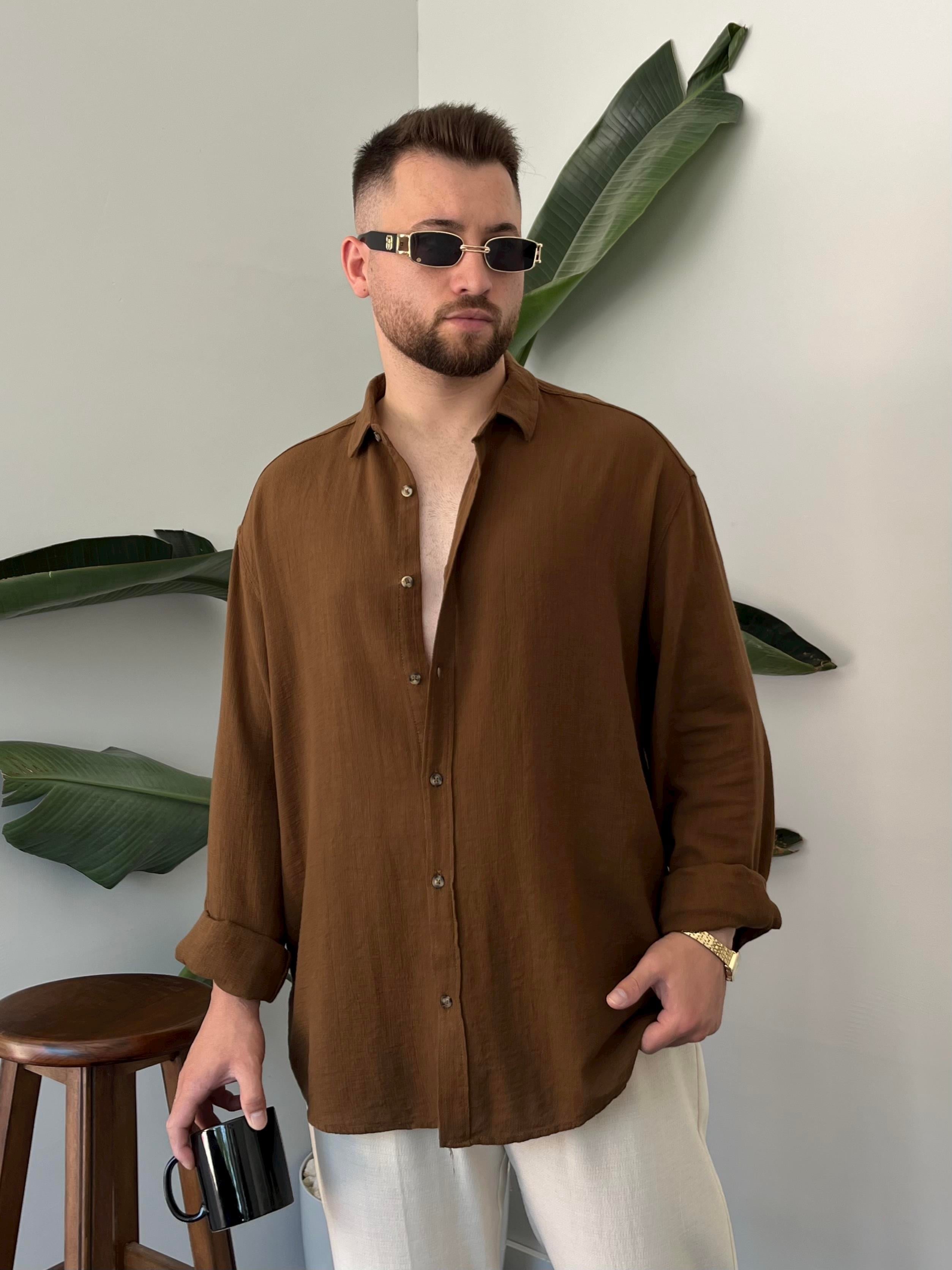 Kahverengi Etamin Keten Oversize Gömlek