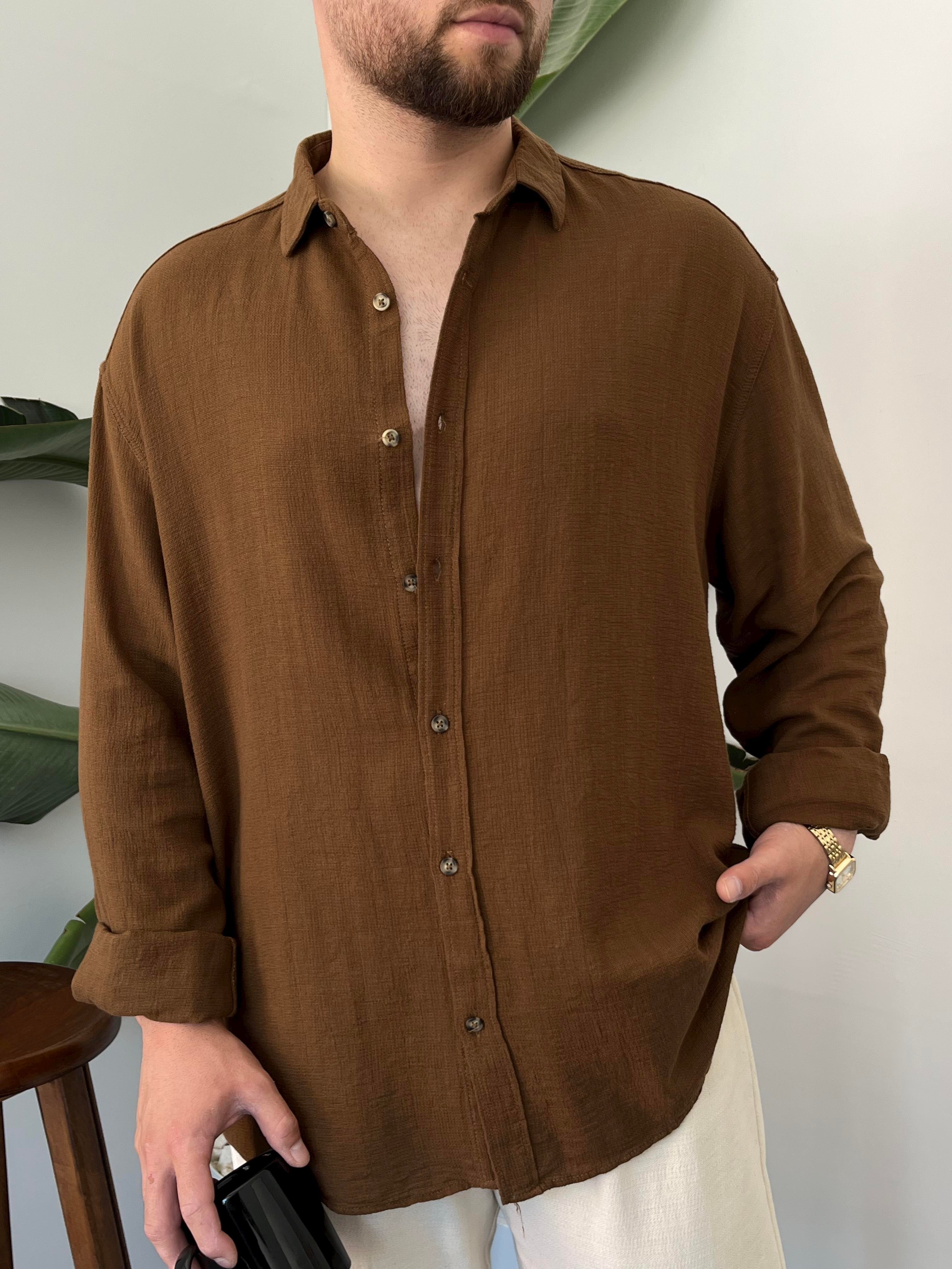 Kahverengi Etamin Keten Oversize Gömlek