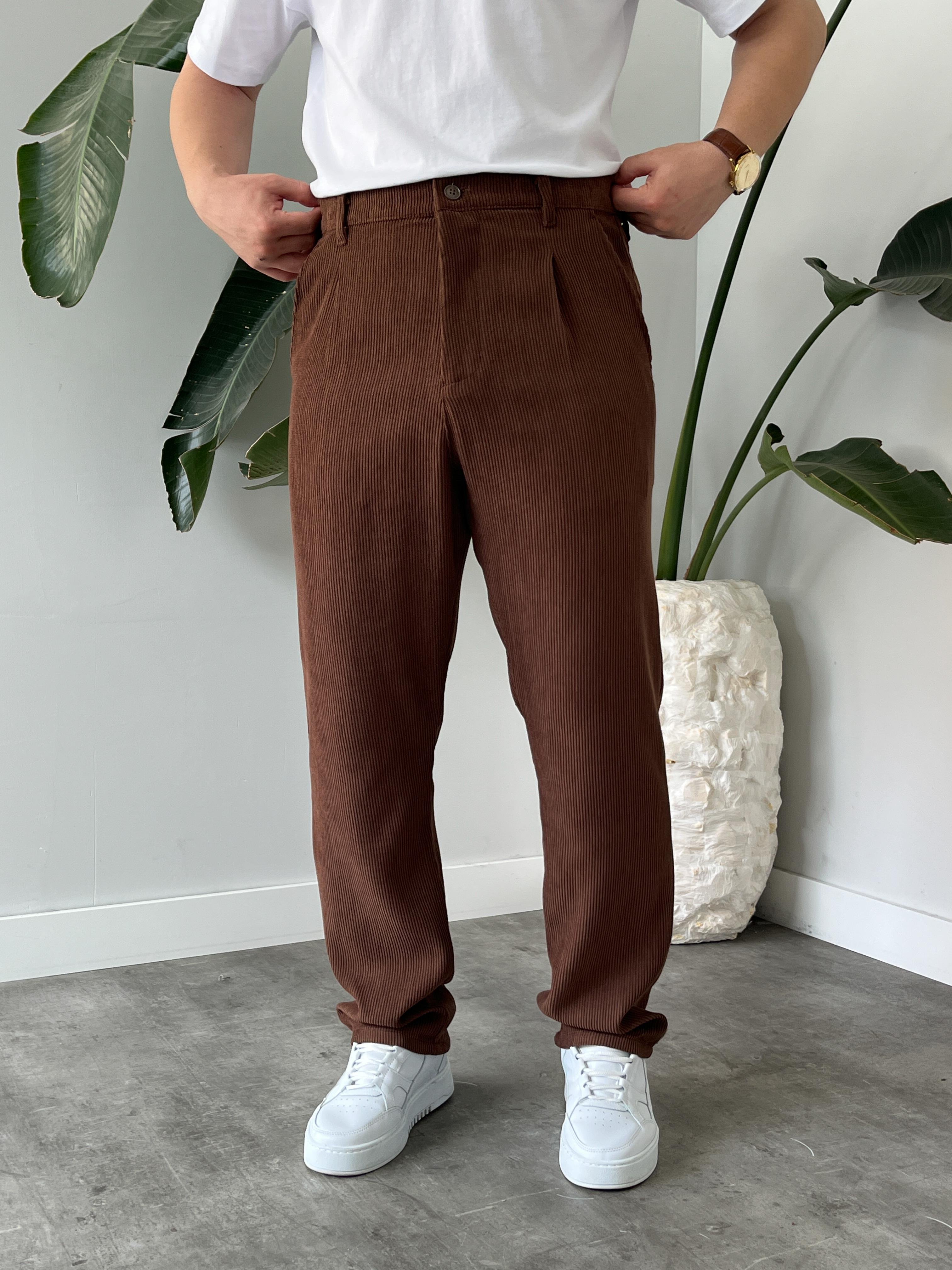 Kahverengi Fitilli Kadife Baggy Pantolon