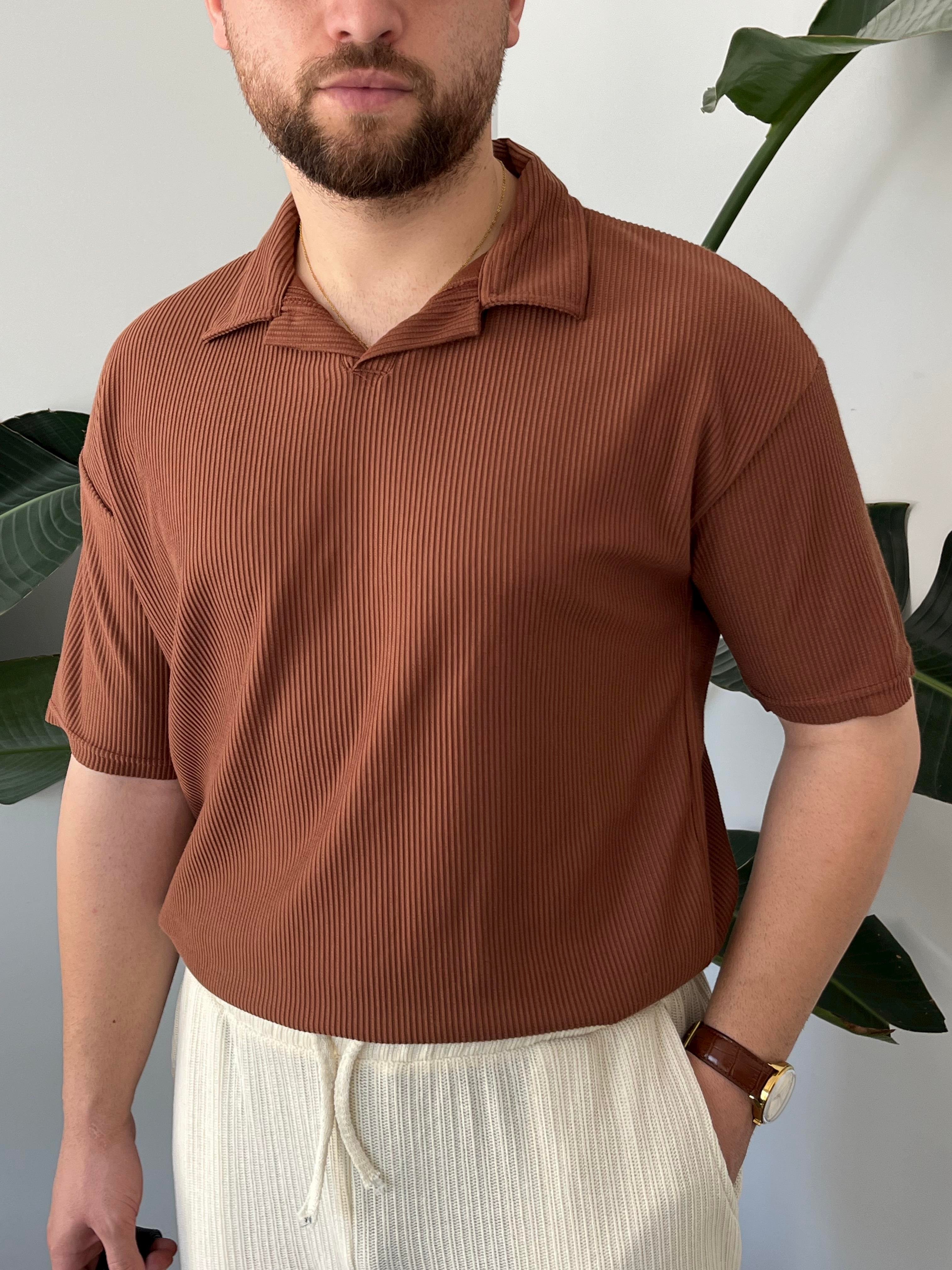 Kahverengi Fitilli Polo Yaka T-shirt