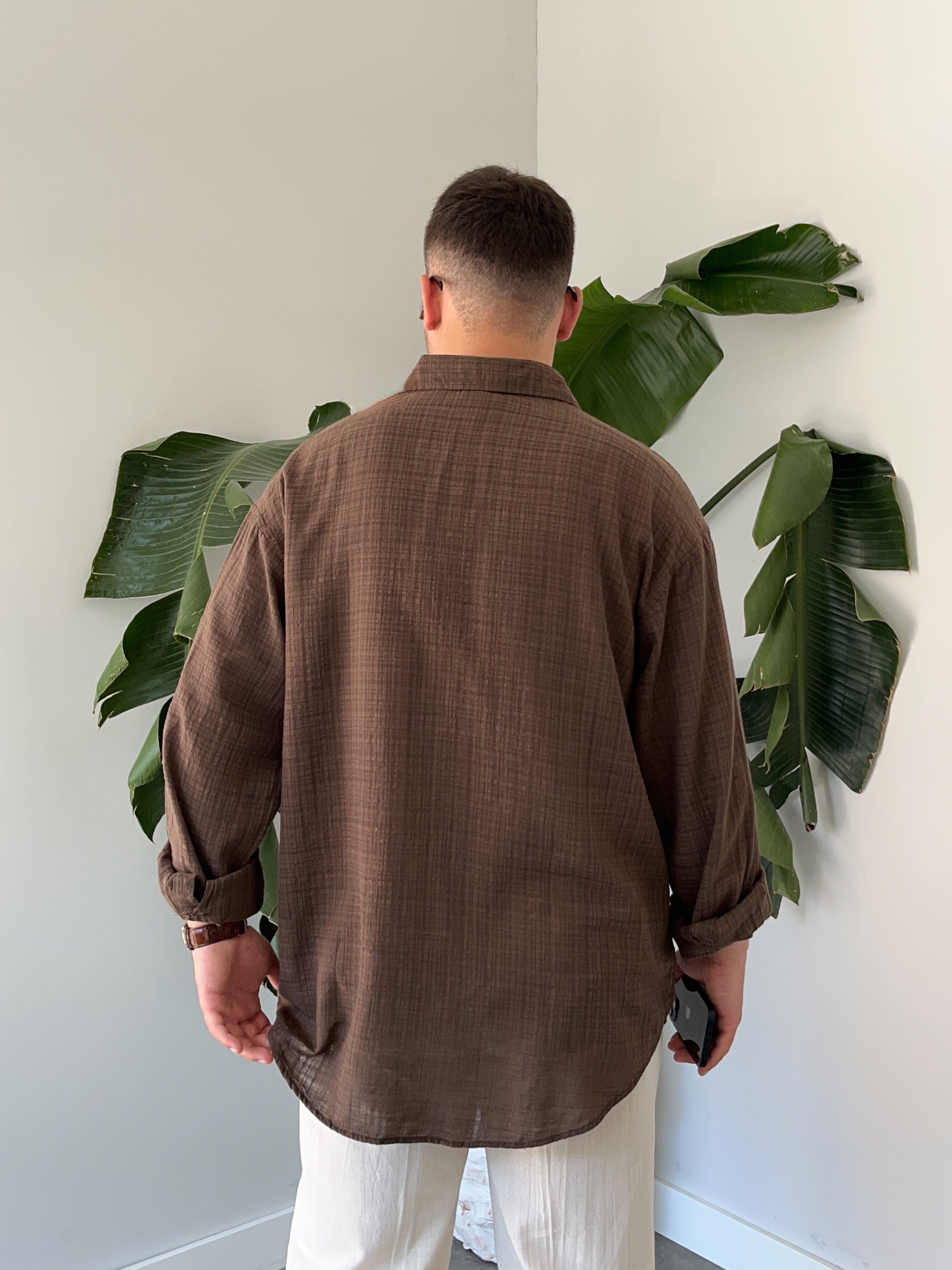 Kahverengi Gofre Keten Oversize Gömlek