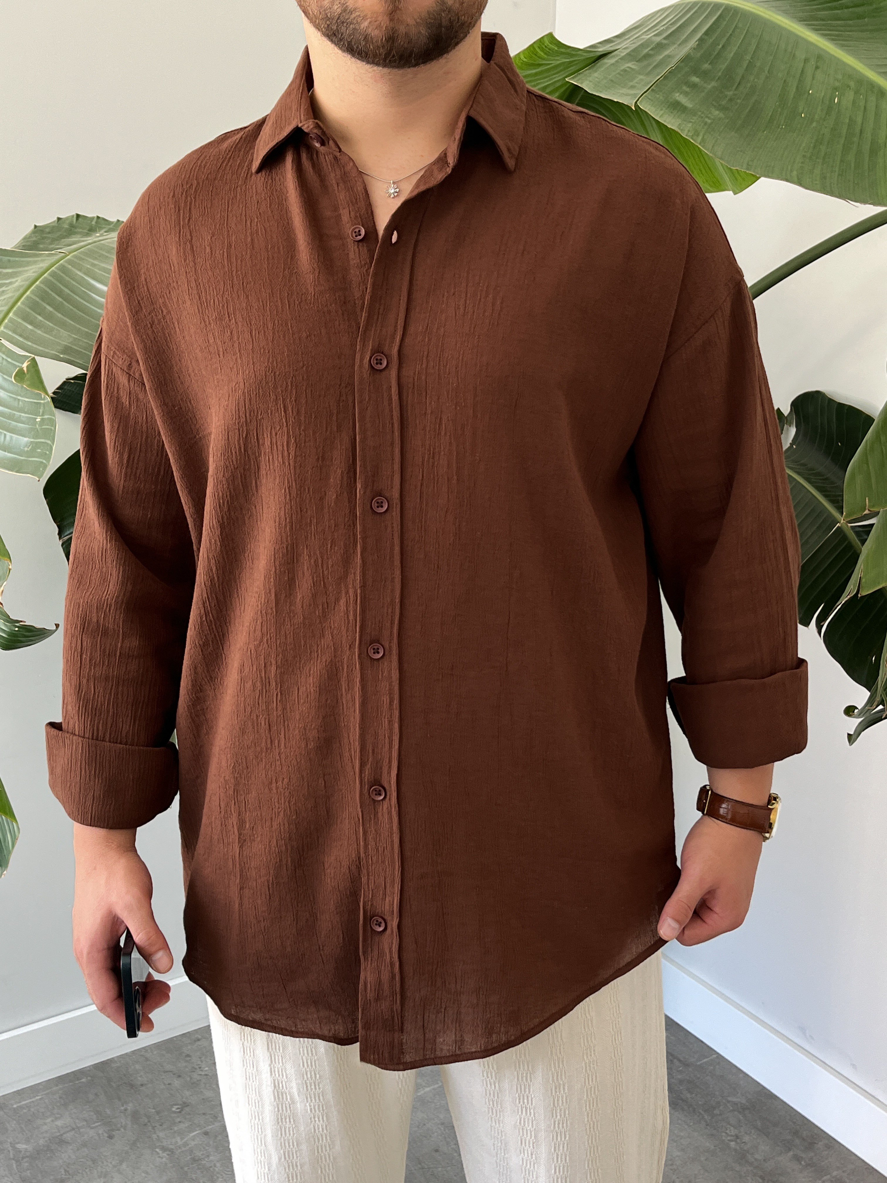 Kahverengi Krinkıl Oversize Gömlek