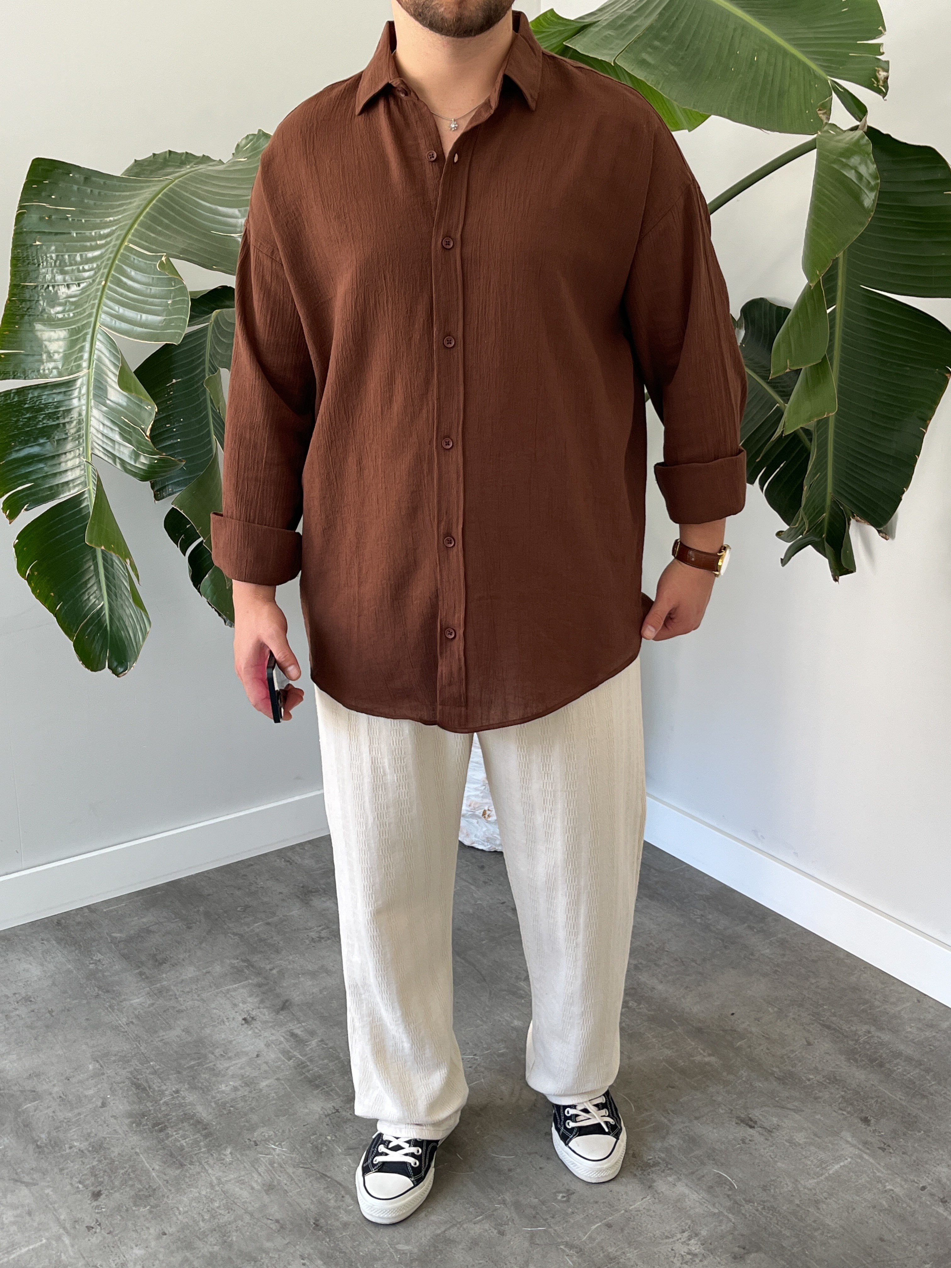 Kahverengi Krinkıl Oversize Gömlek