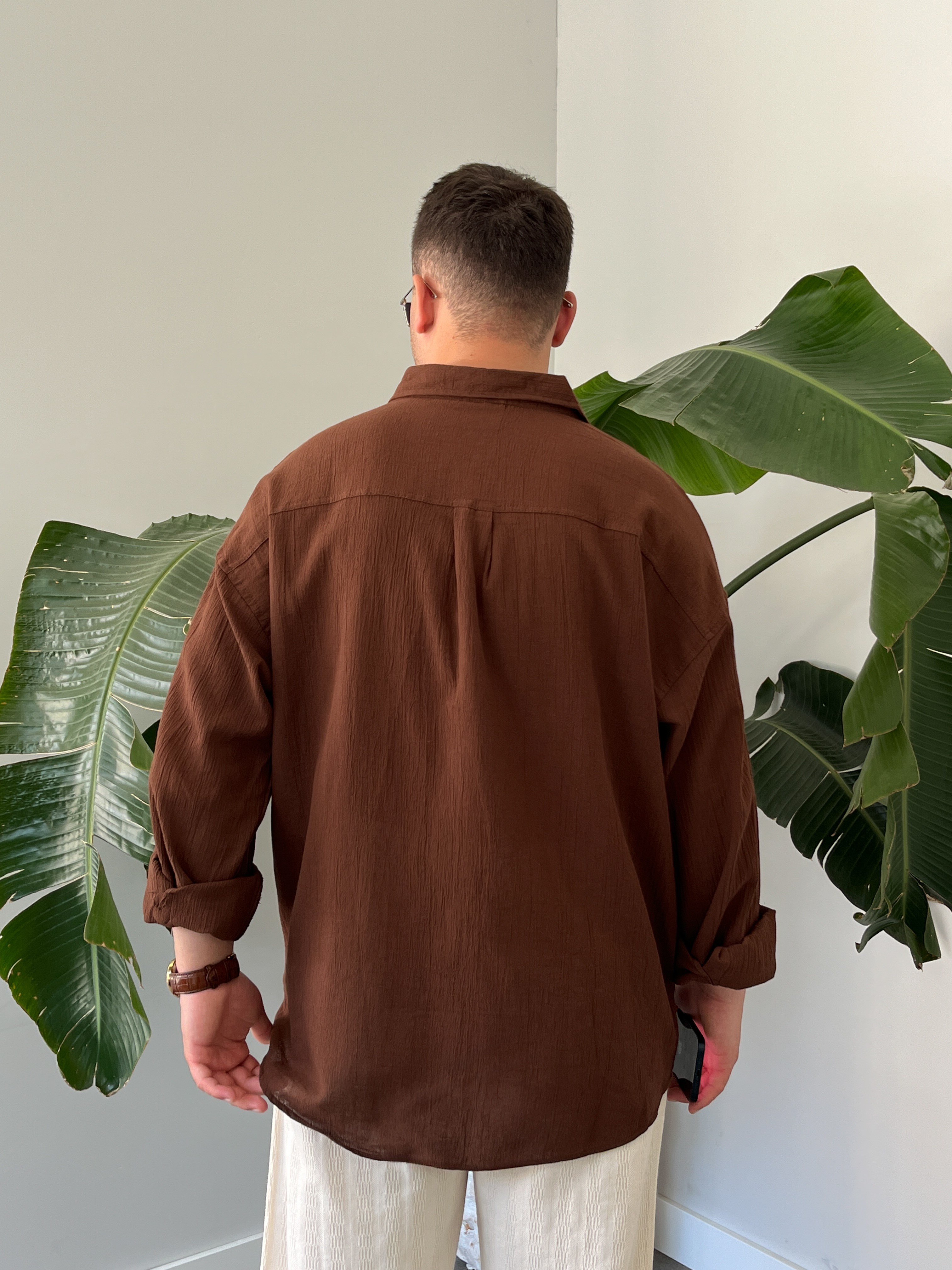 Kahverengi Krinkıl Oversize Gömlek