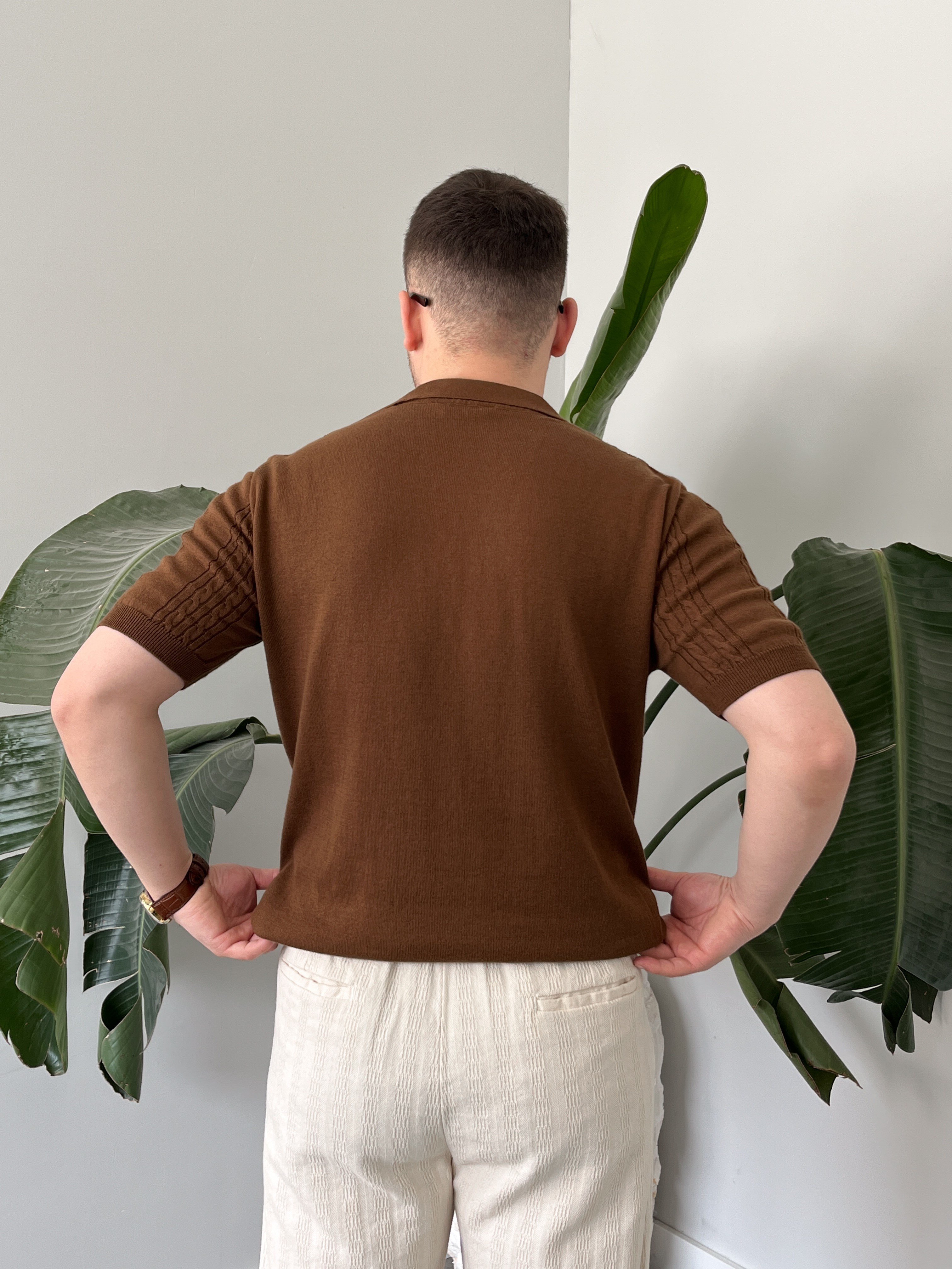 Kahverengi Örgü Desen Triko T-shirt