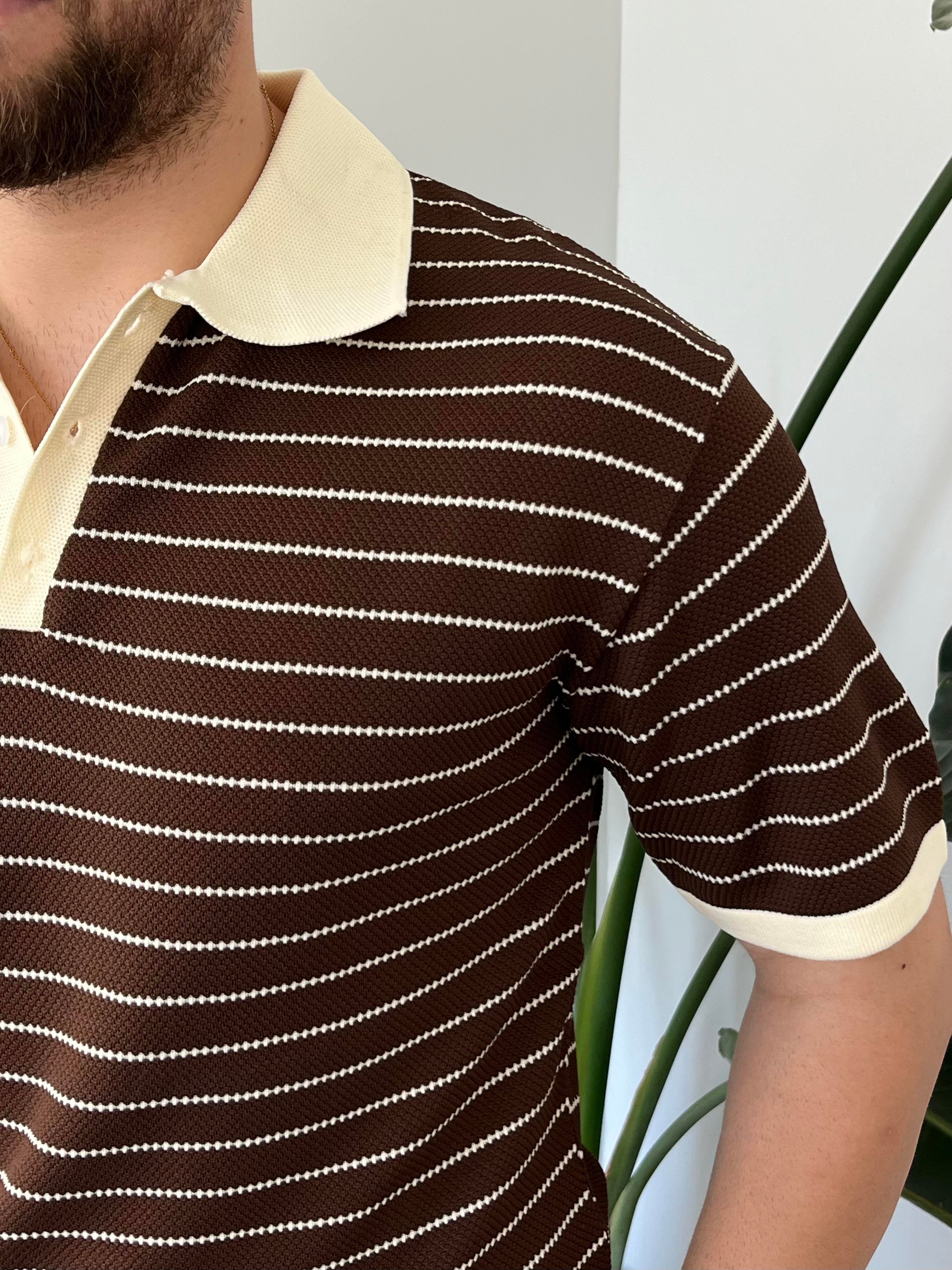 Kahverengi Premium Çizgili Örme Triko T-shirt