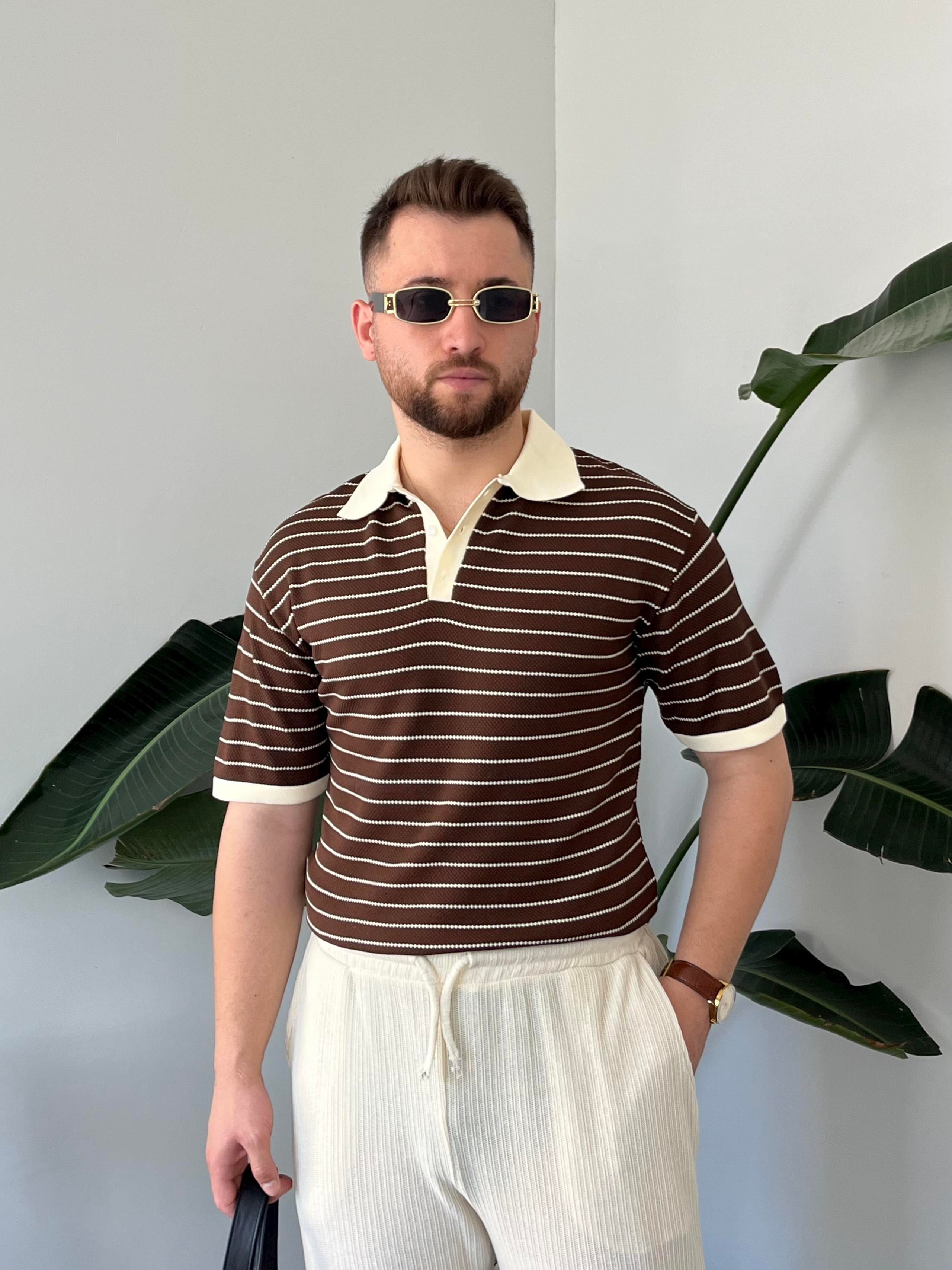 Kahverengi Premium Çizgili Örme Triko T-shirt
