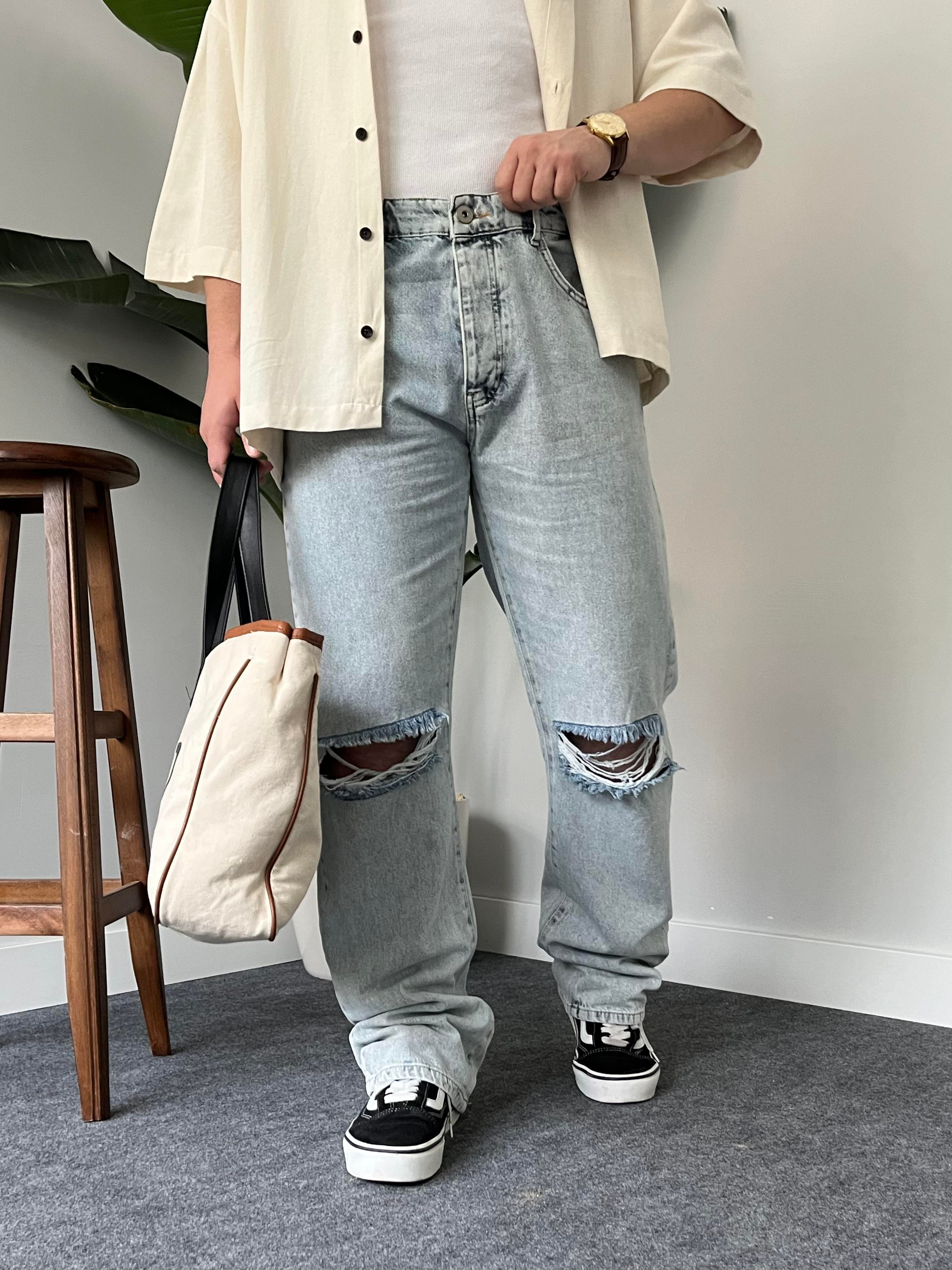 Kar Yıkamalı Yırtık Diz Baggy Jean