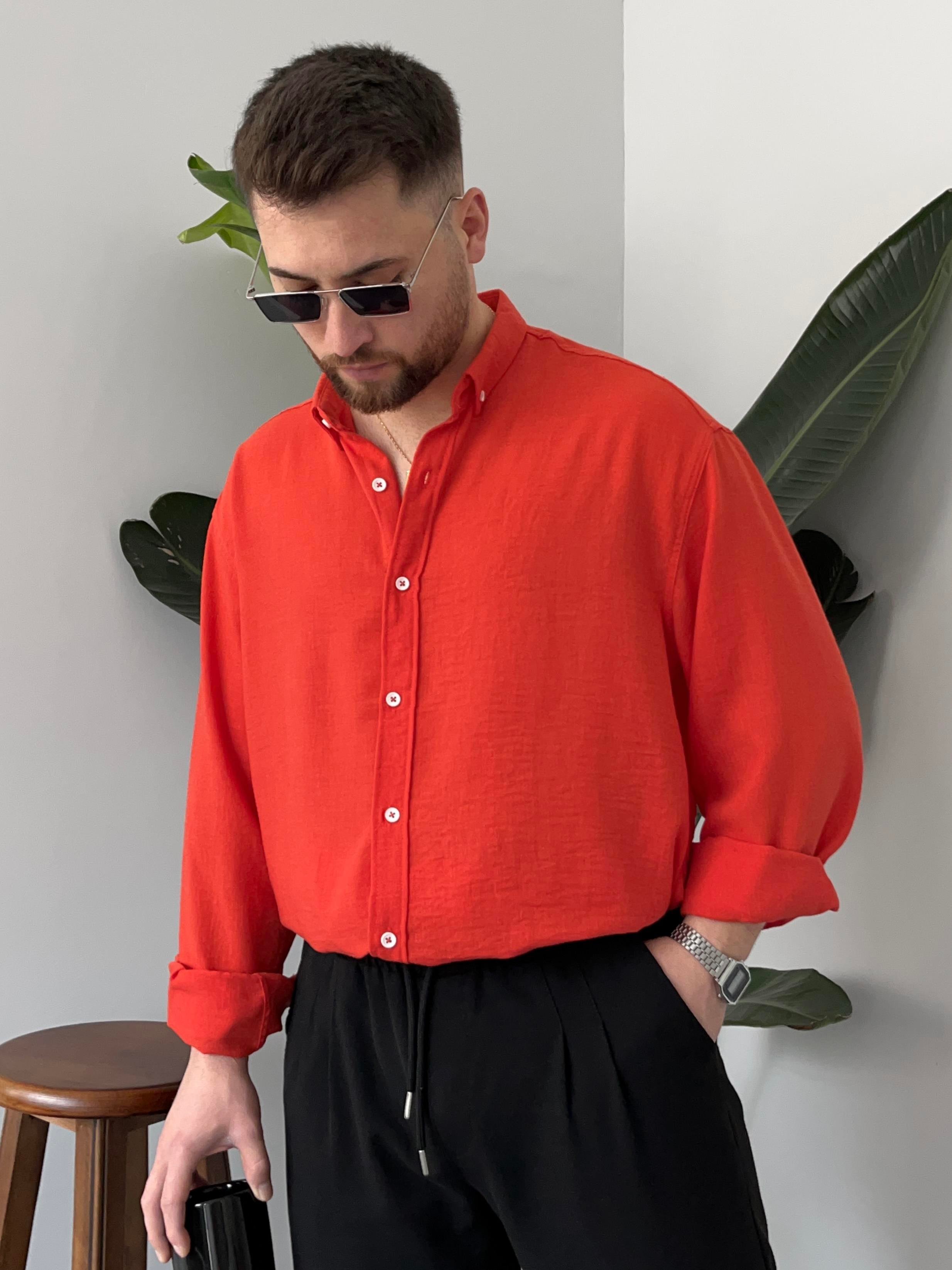 Kırmızı Gobiş Keten Gömlek