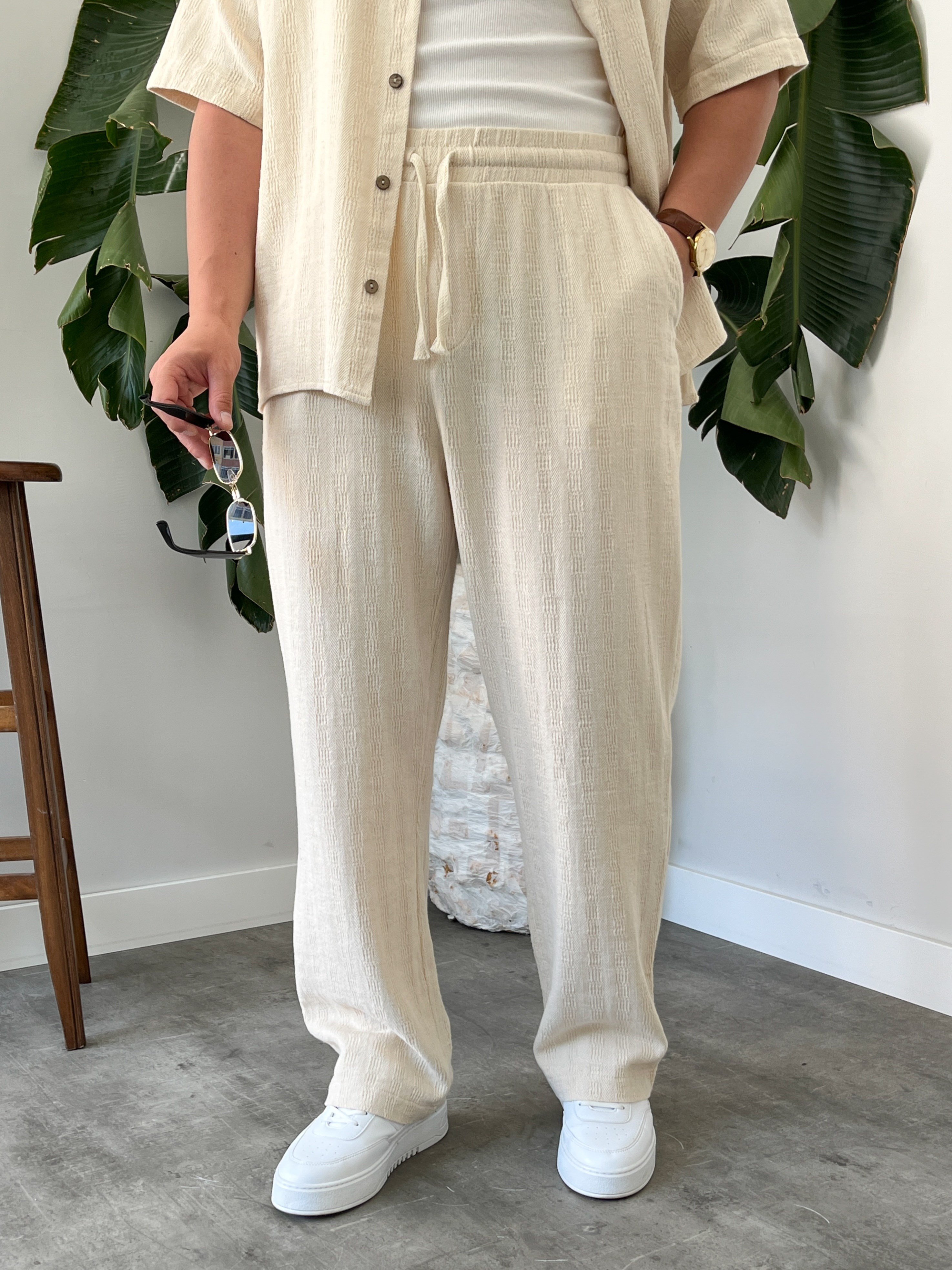 Krem Alaçatı Casual Desenli Oversize Takım