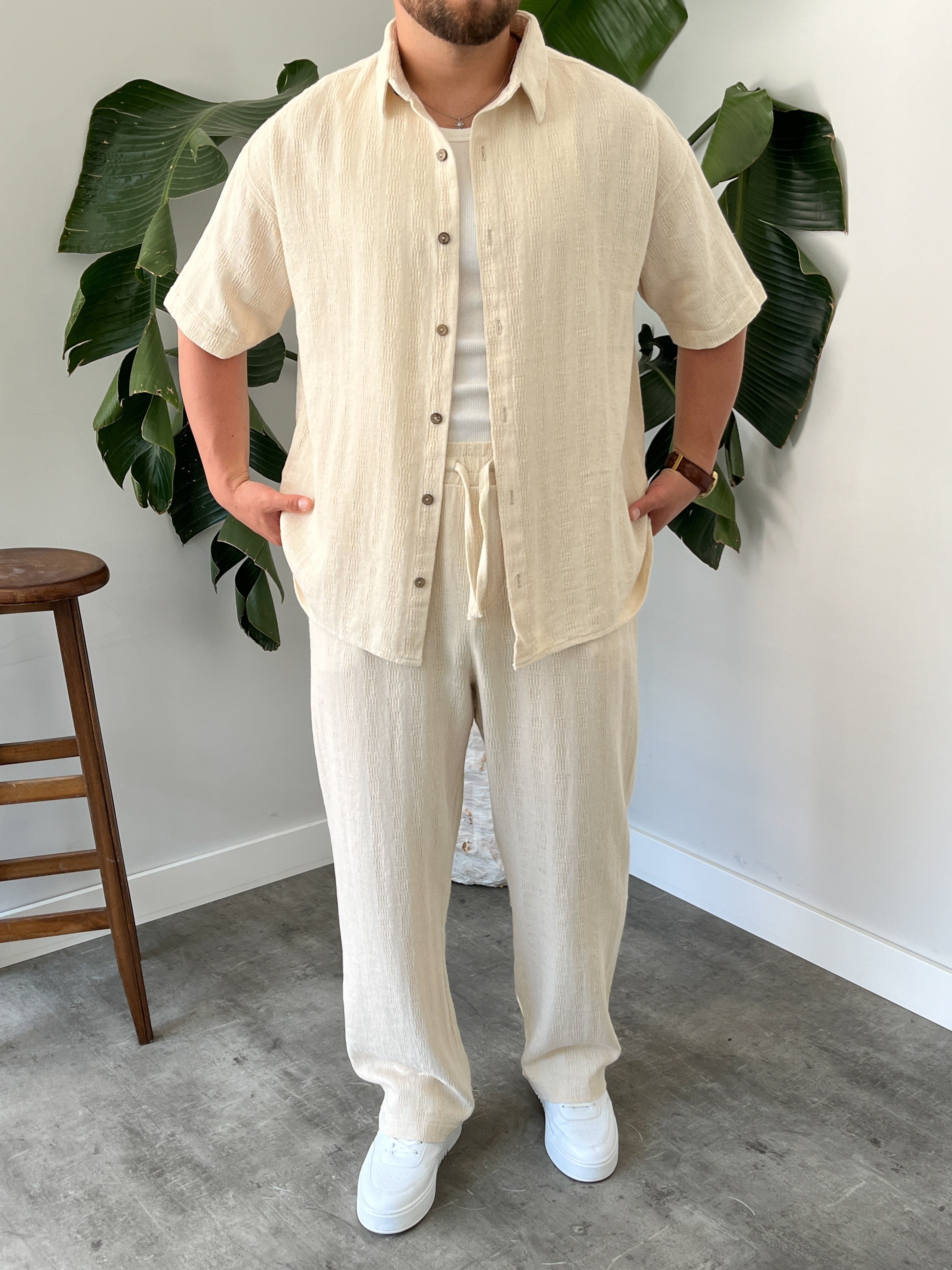 Krem Alaçatı Casual Desenli Oversize Takım