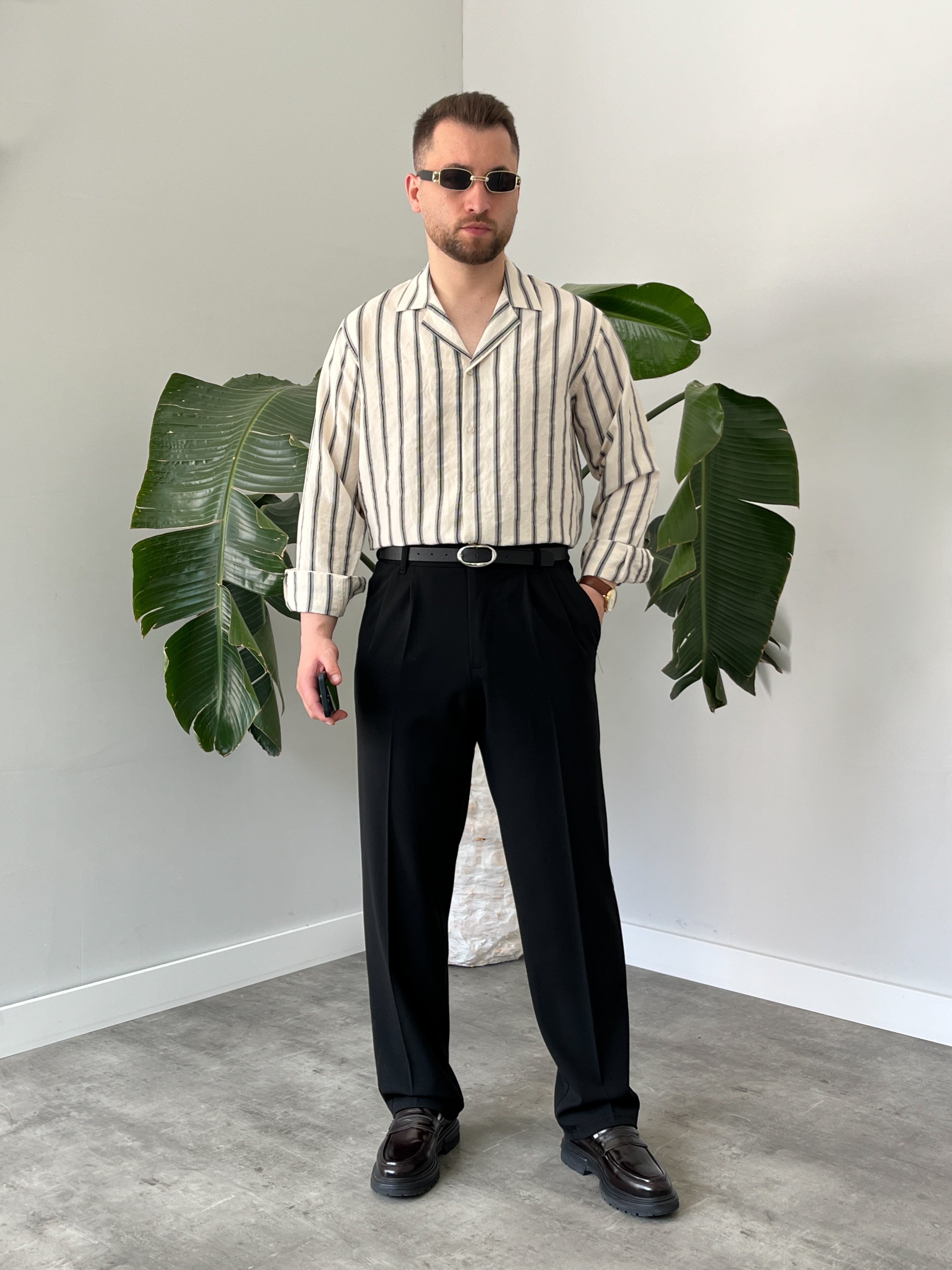 Krem Apaj Yaka Çizgili Oversize Gömlek