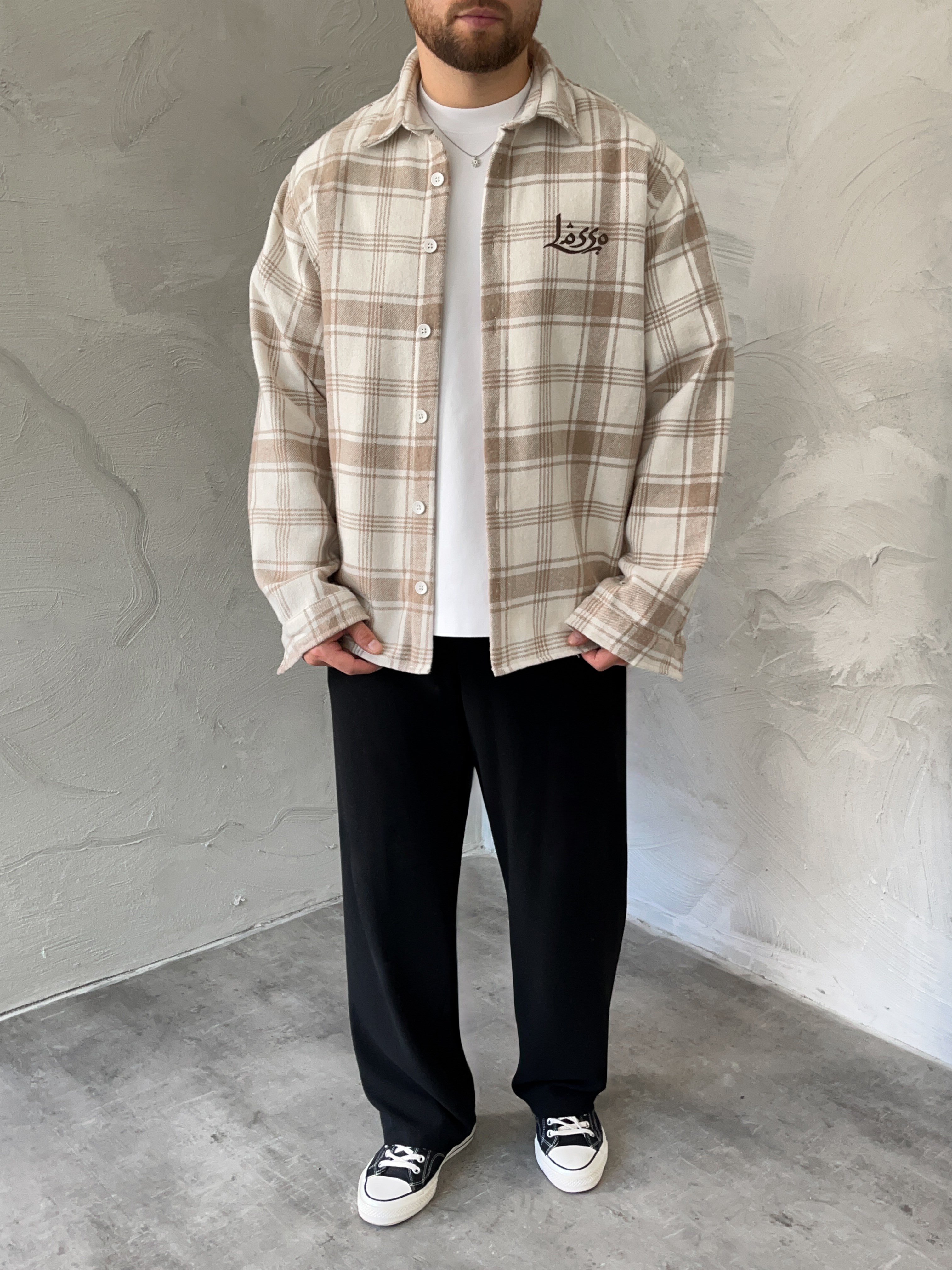 Krem Baskılı Oversize Ekose Gömlek