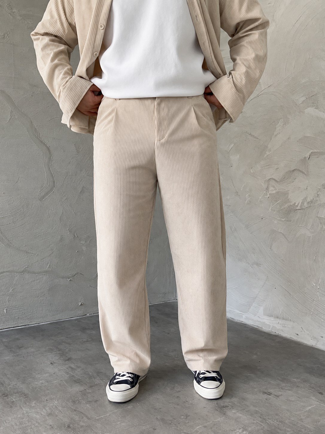 Krem Boxy Fit Fitilli Kadife Takım