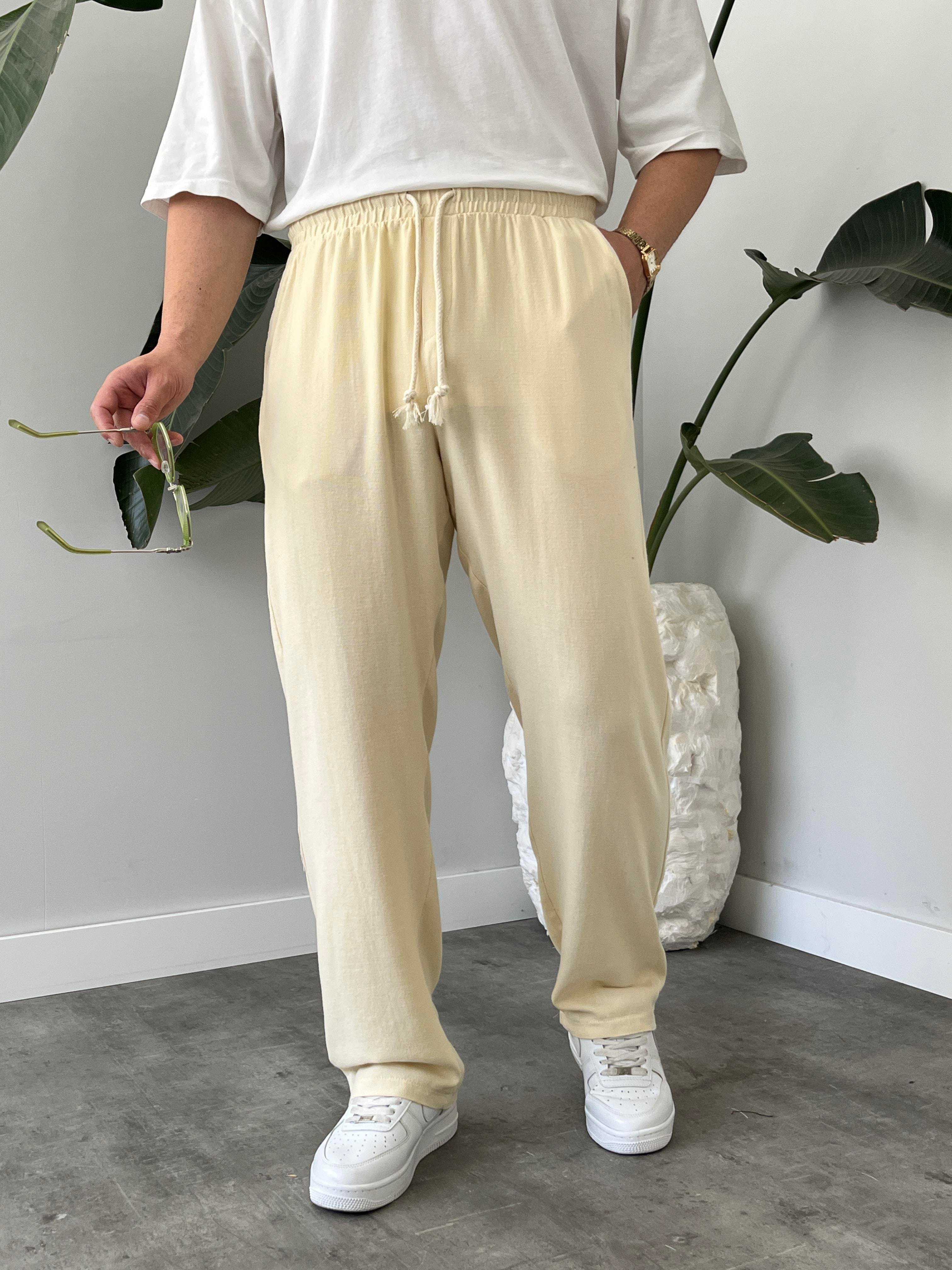 Krem Burgu Bağcık Detaylı Pamuk Keten Relax Fit Pantolon