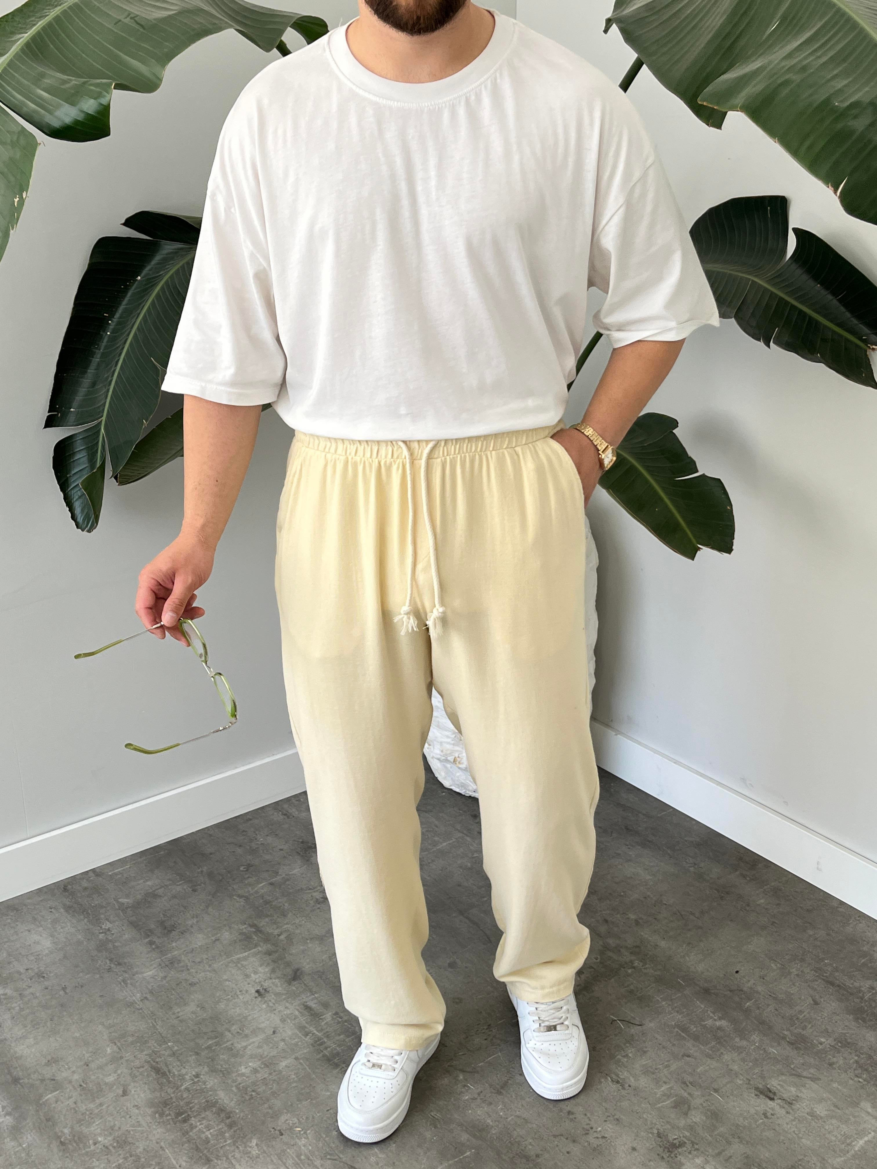 Krem Burgu Bağcık Detaylı Pamuk Keten Relax Fit Pantolon