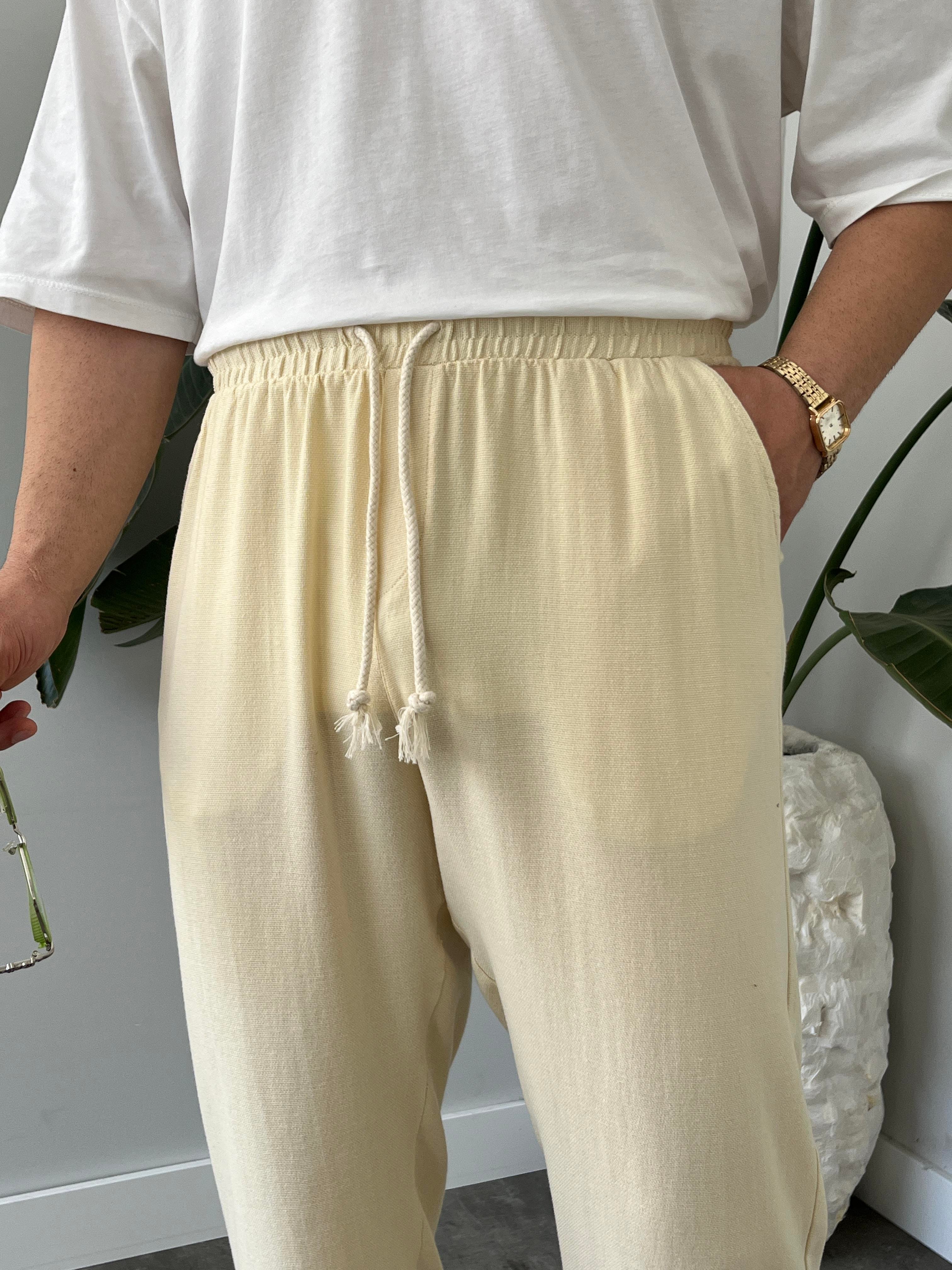 Krem Burgu Bağcık Detaylı Pamuk Keten Relax Fit Pantolon