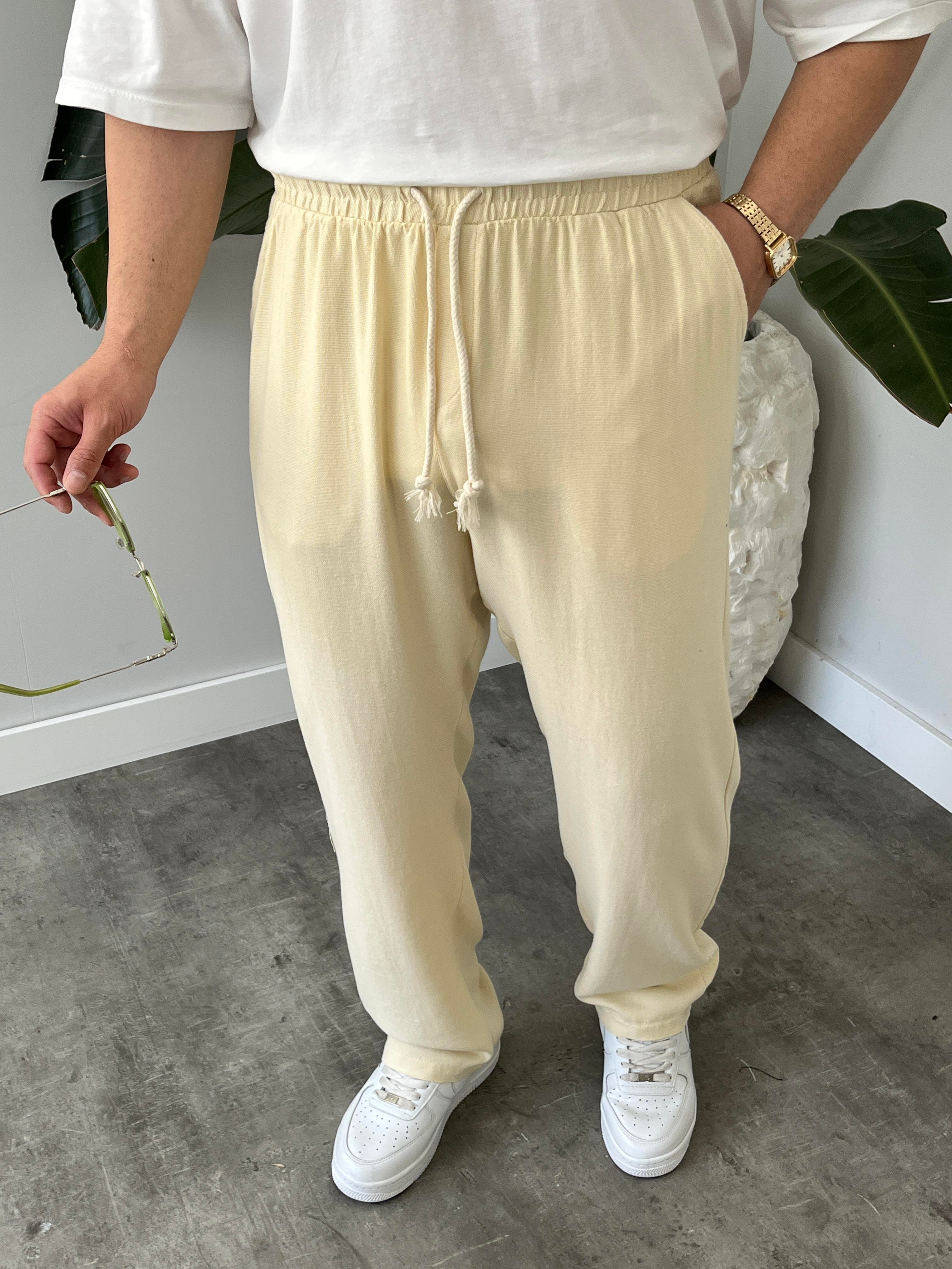 Krem Burgu Bağcık Detaylı Pamuk Keten Relax Fit Pantolon