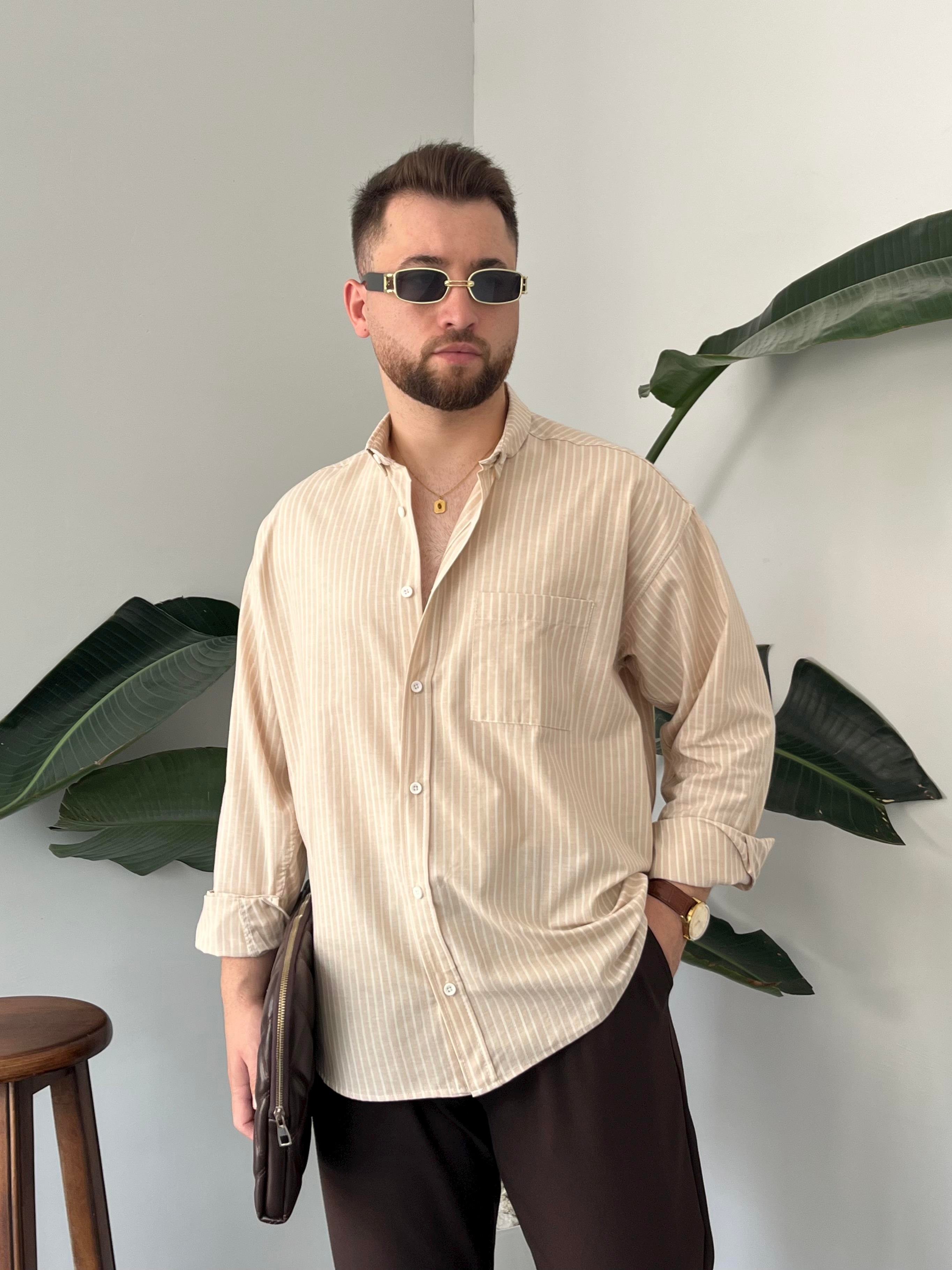 Krem Casual Çizgili Oversize Gömlek