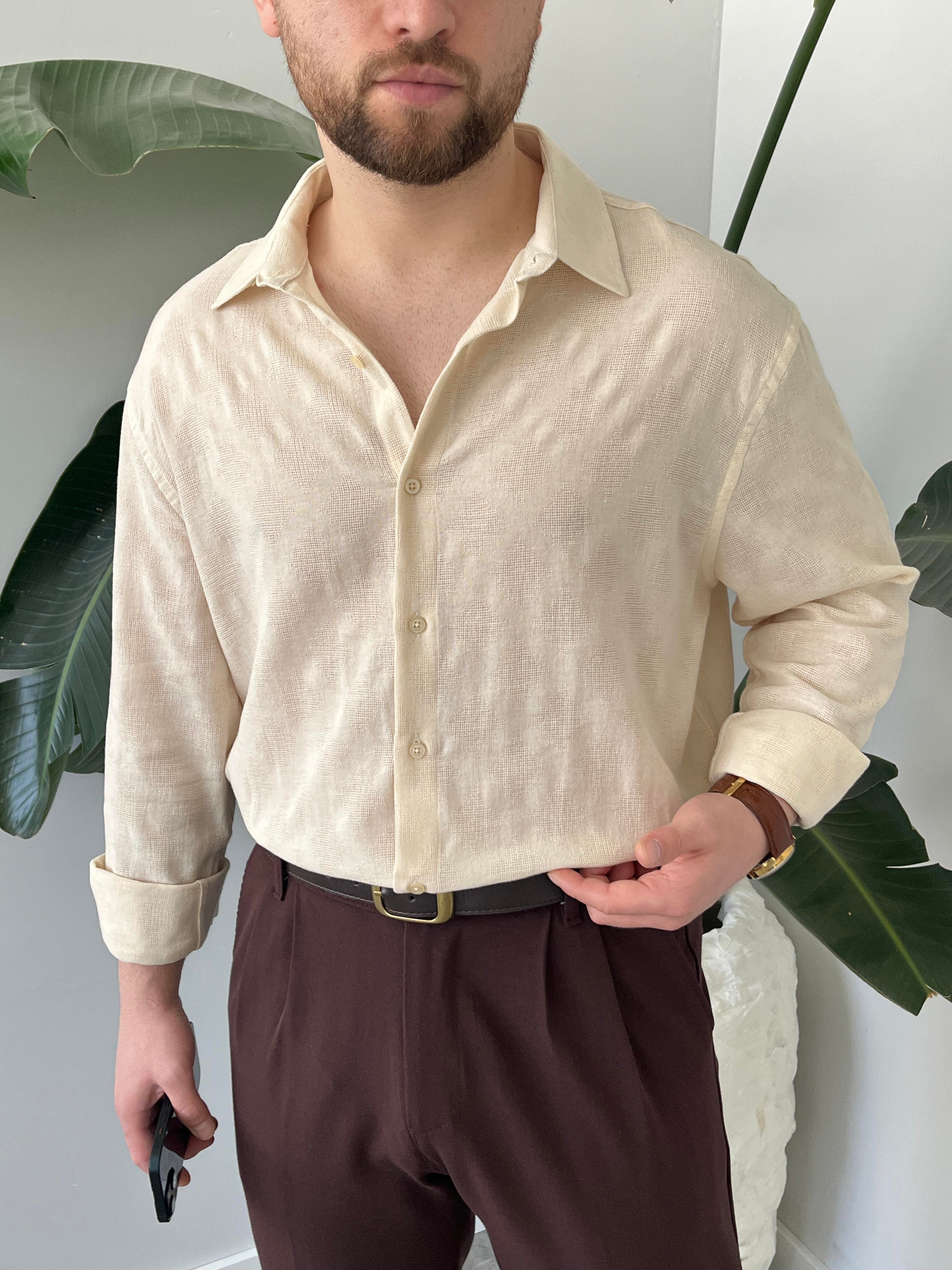 Krem Casual Desenli Gömlek