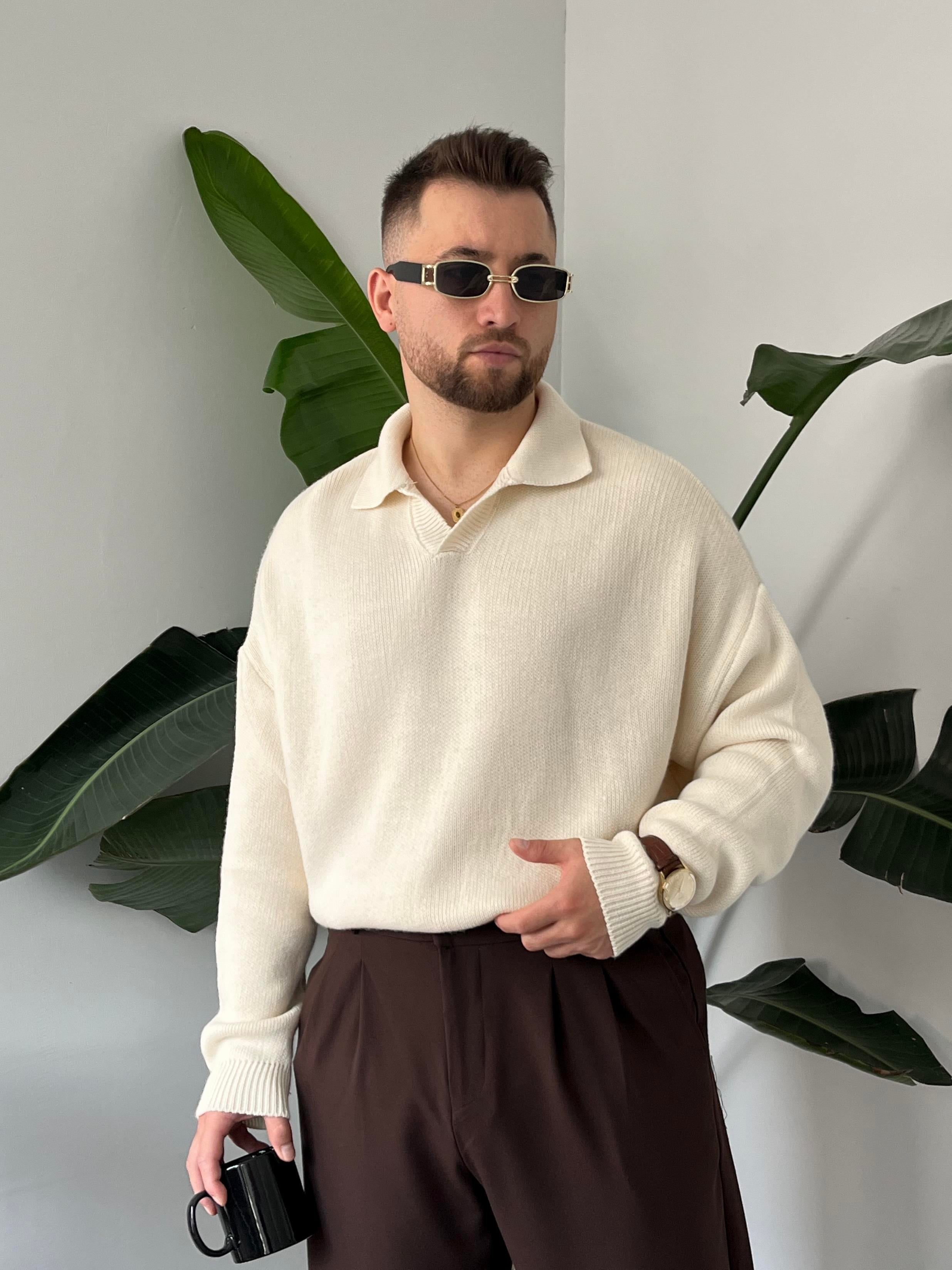 Krem Casual Polo Yaka Kazak