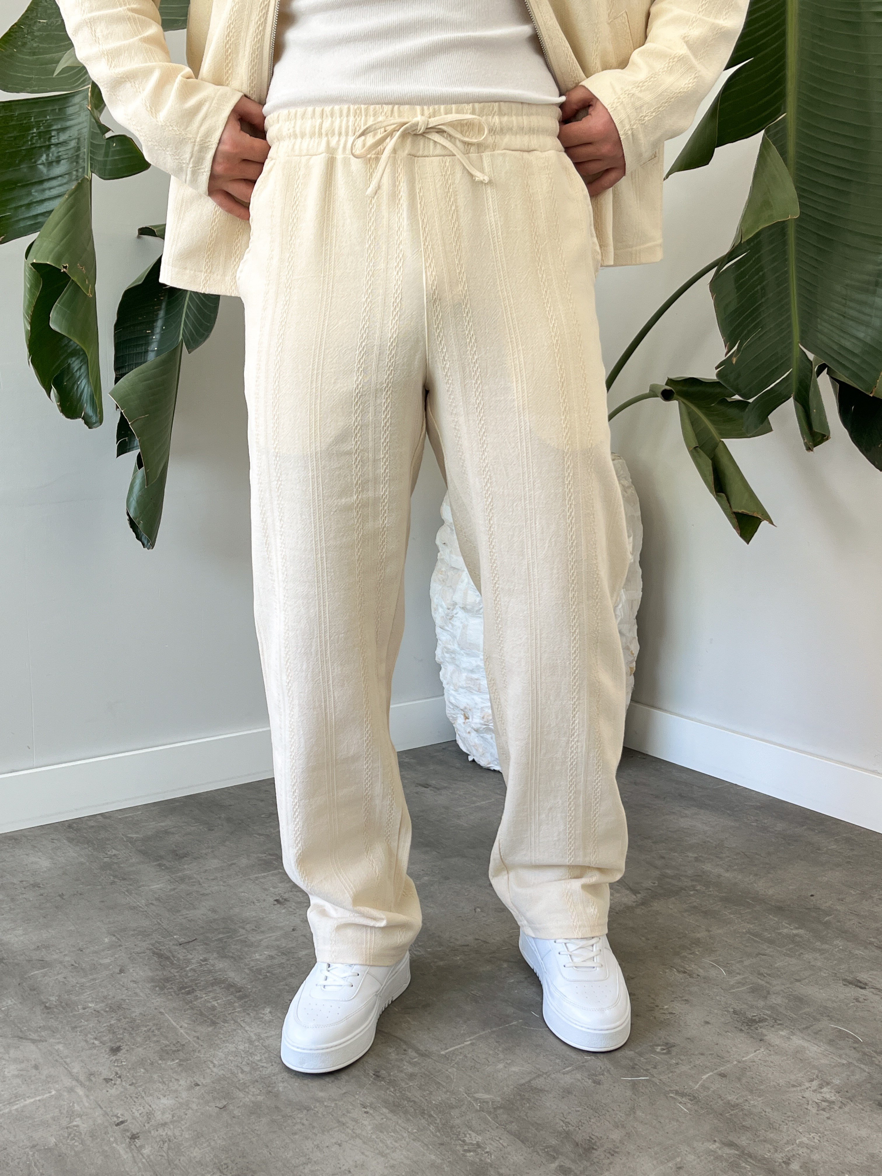 Krem Chain Motif Relax Fit Keten Takım